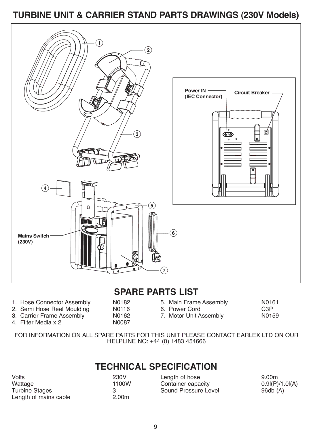 Earlex HV7000 operating instructions Turbine Unit & Carrier Standparts Drawings 230V Models, Technical Specification 