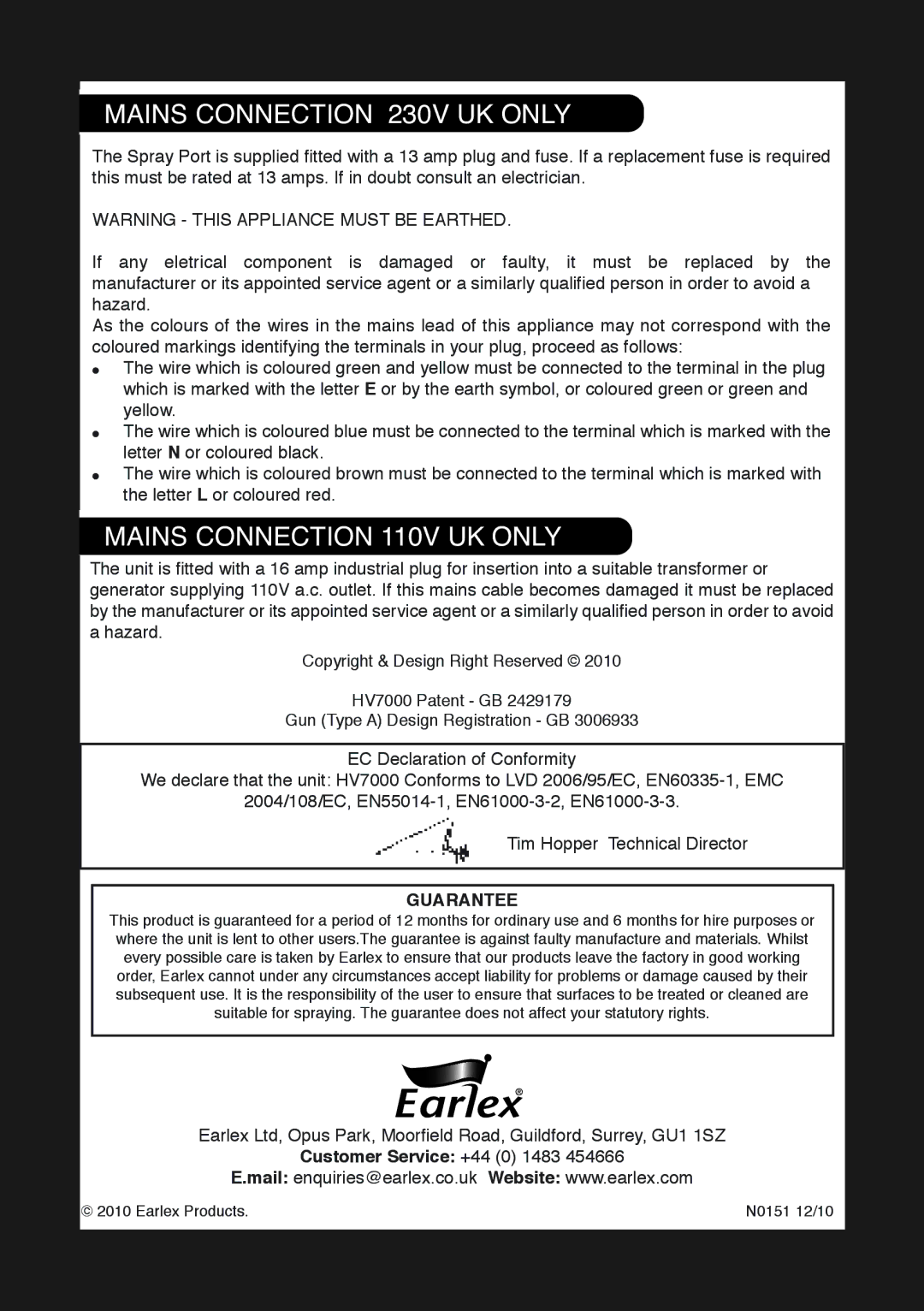 Earlex HV7000 operating instructions Mains Connection 230V UK only, Mains Connection 110V UK only, Guarantee 