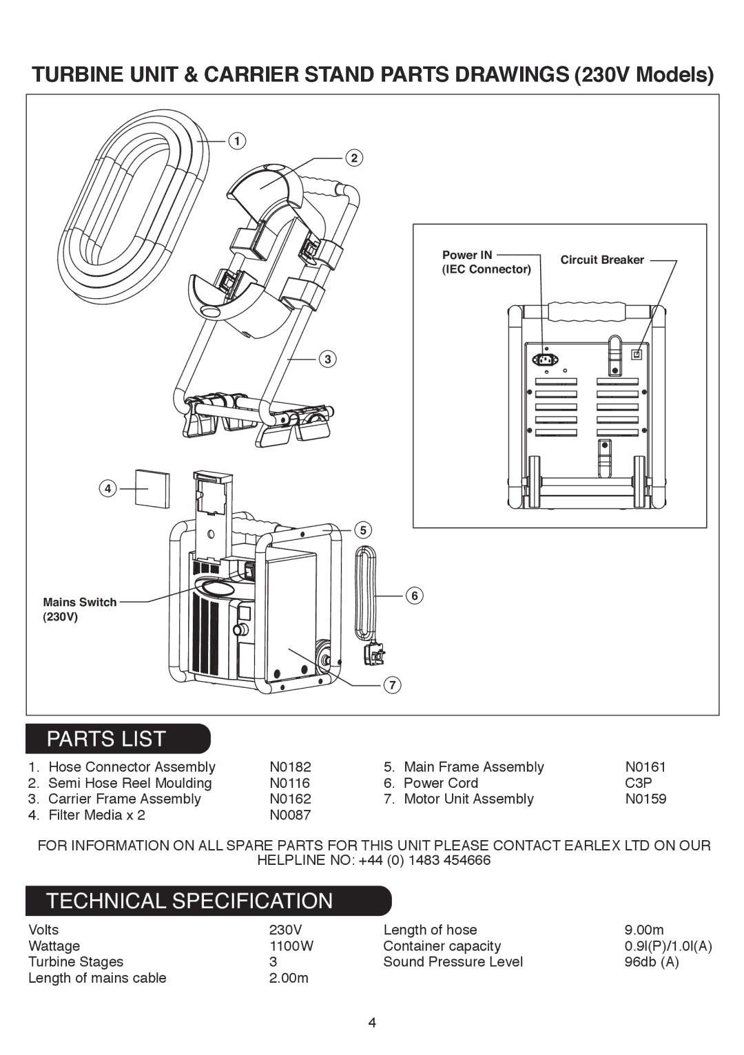 Earlex HV7000 operating instructions Parts List, Technical Specification 