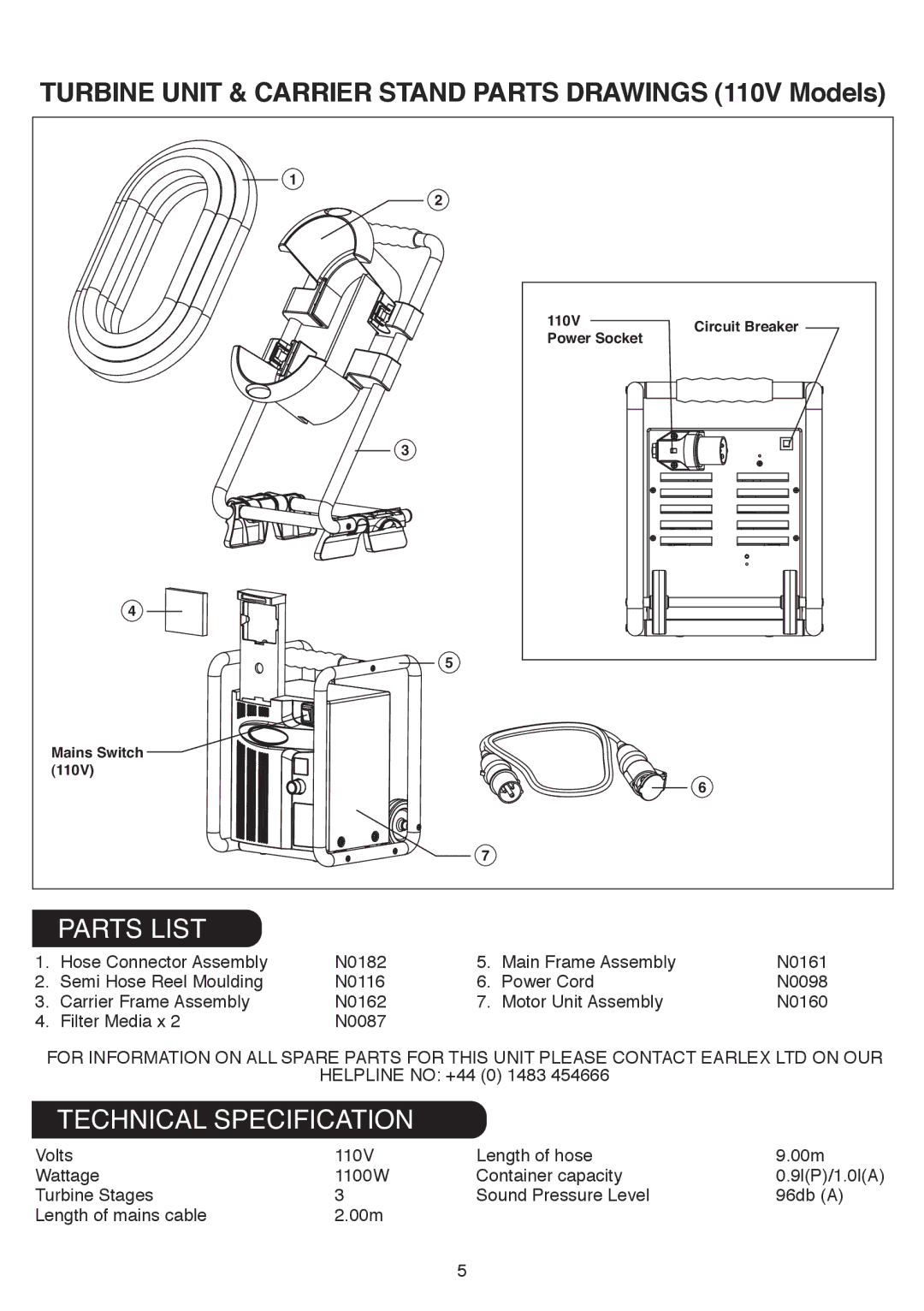 Earlex HV7000 operating instructions Turbine Unit & Carrier Stand Parts Drawings 110V Models 