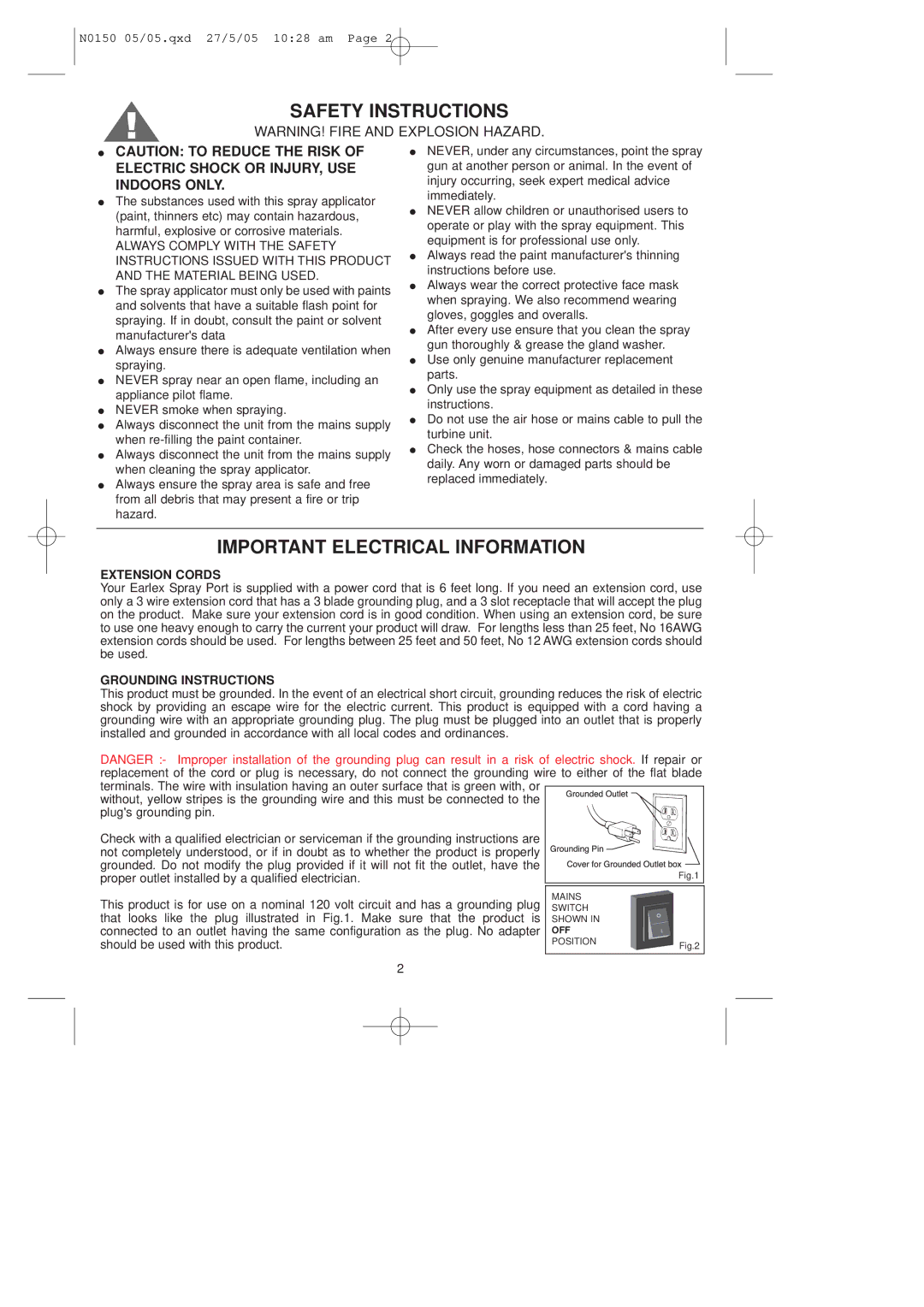 Earlex HV7000P, HV7000A Safety Instructions, Important Electrical Information, Extension Cords, Grounding Instructions 