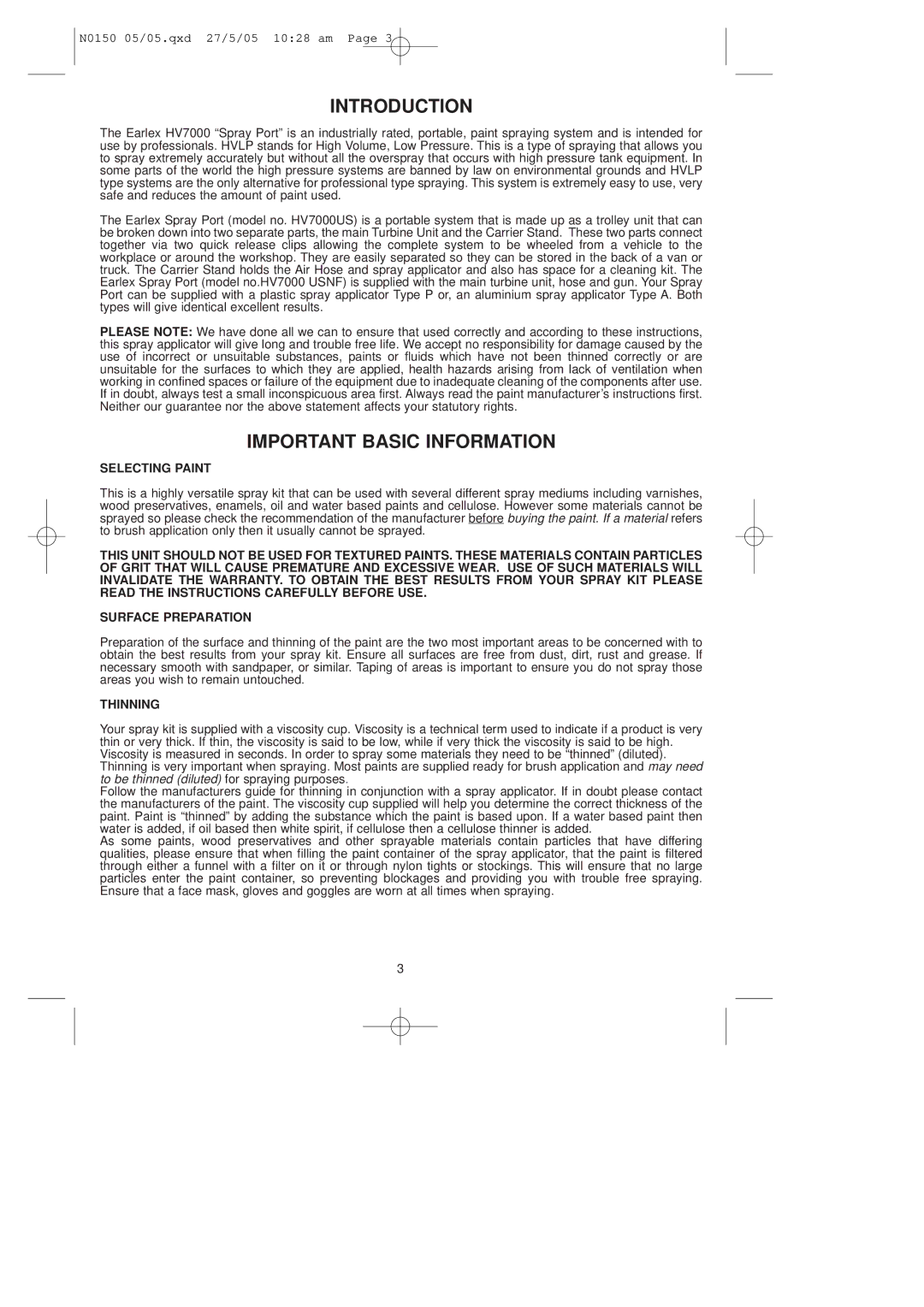 Earlex HV7000A, HV7000P operating instructions Introduction, Important Basic Information, Selecting Paint, Thinning 