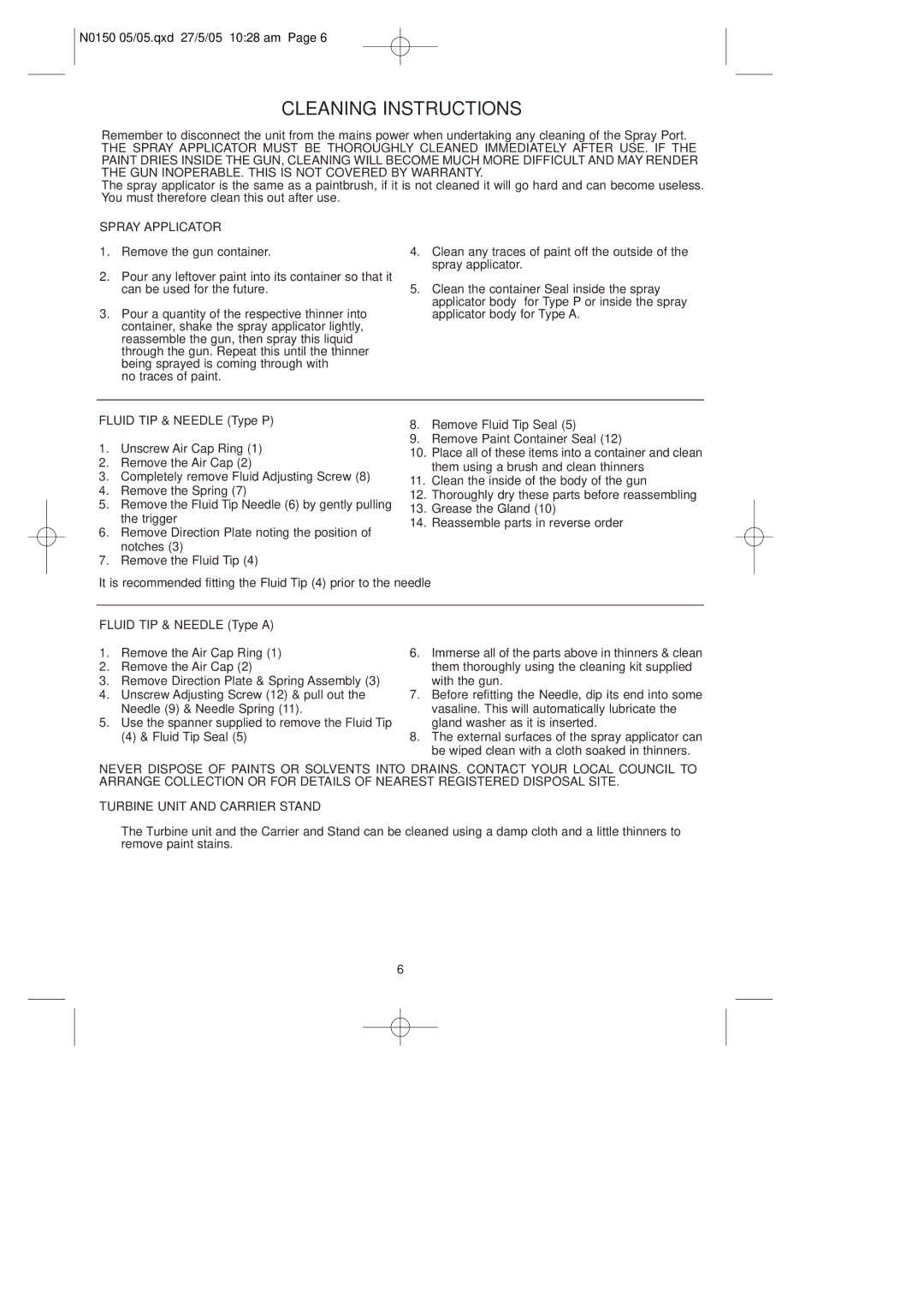 Earlex HV7000P, HV7000A Cleaning Instructions, Spray Applicator, Fluid TIP & Needle Type P, Fluid TIP & Needle Type a 