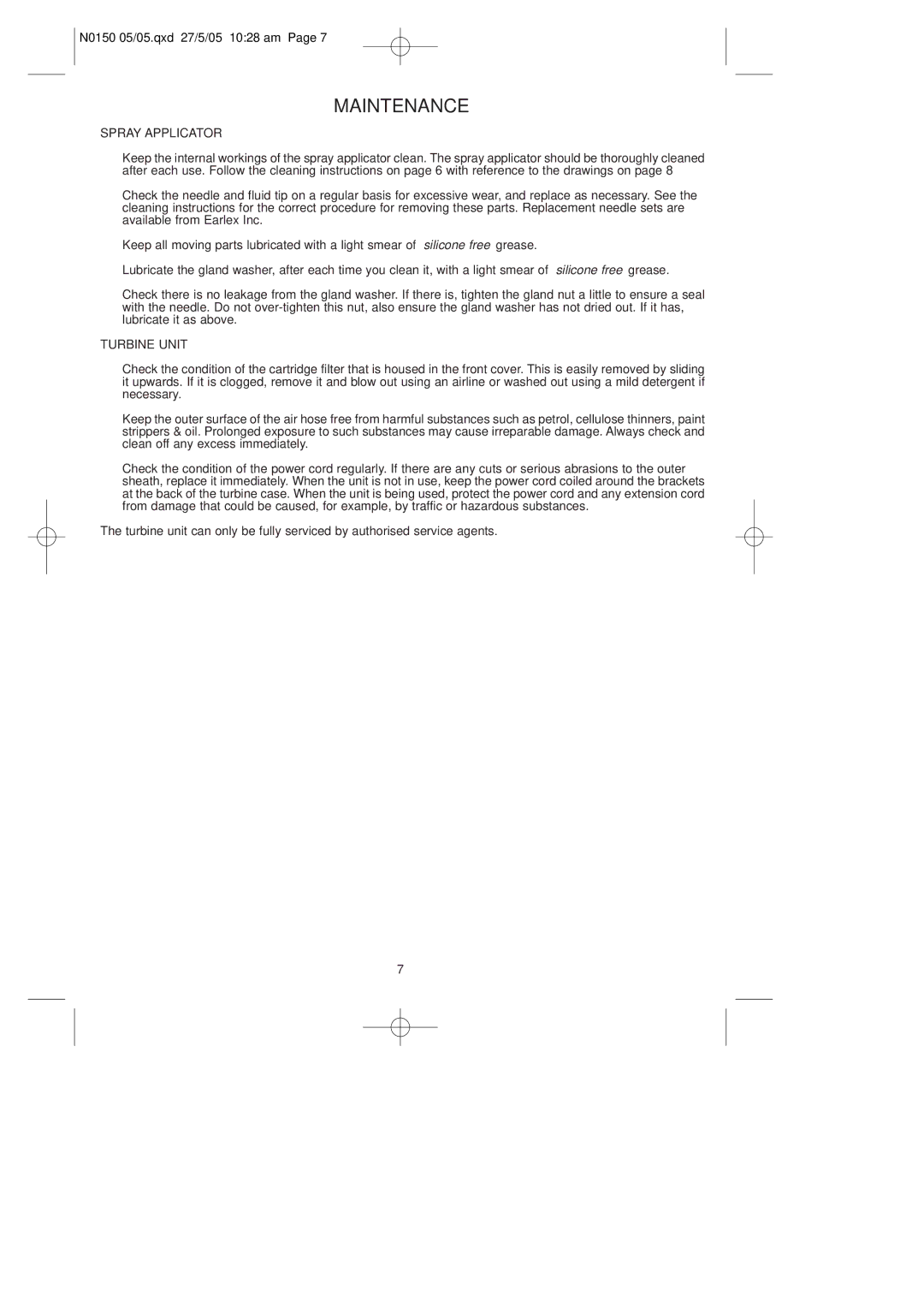 Earlex HV7000A, HV7000P operating instructions Maintenance, Turbine Unit 