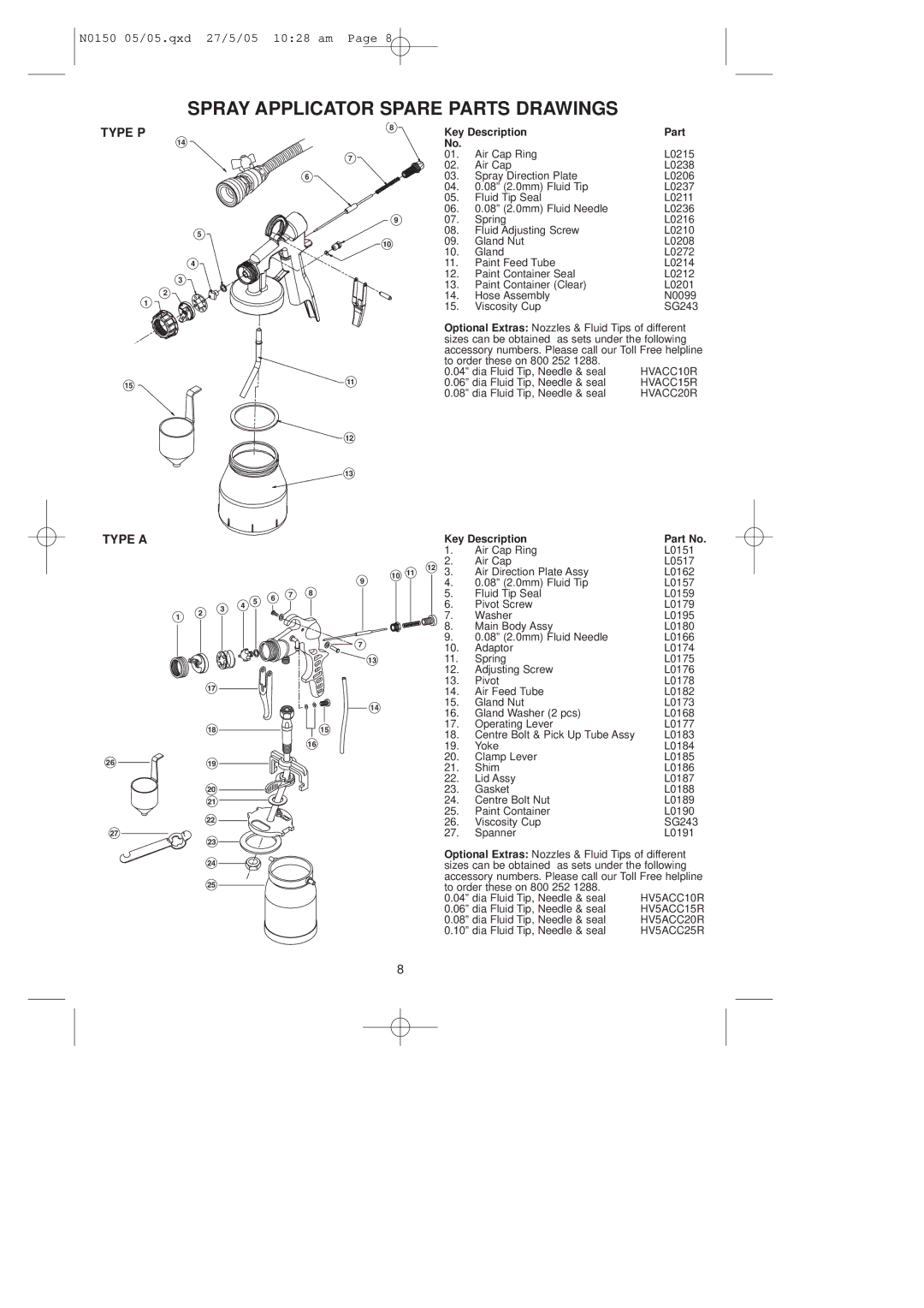 Earlex HV7000P, HV7000A operating instructions Spray Applicator Spare Parts Drawings, Type P, Type a 