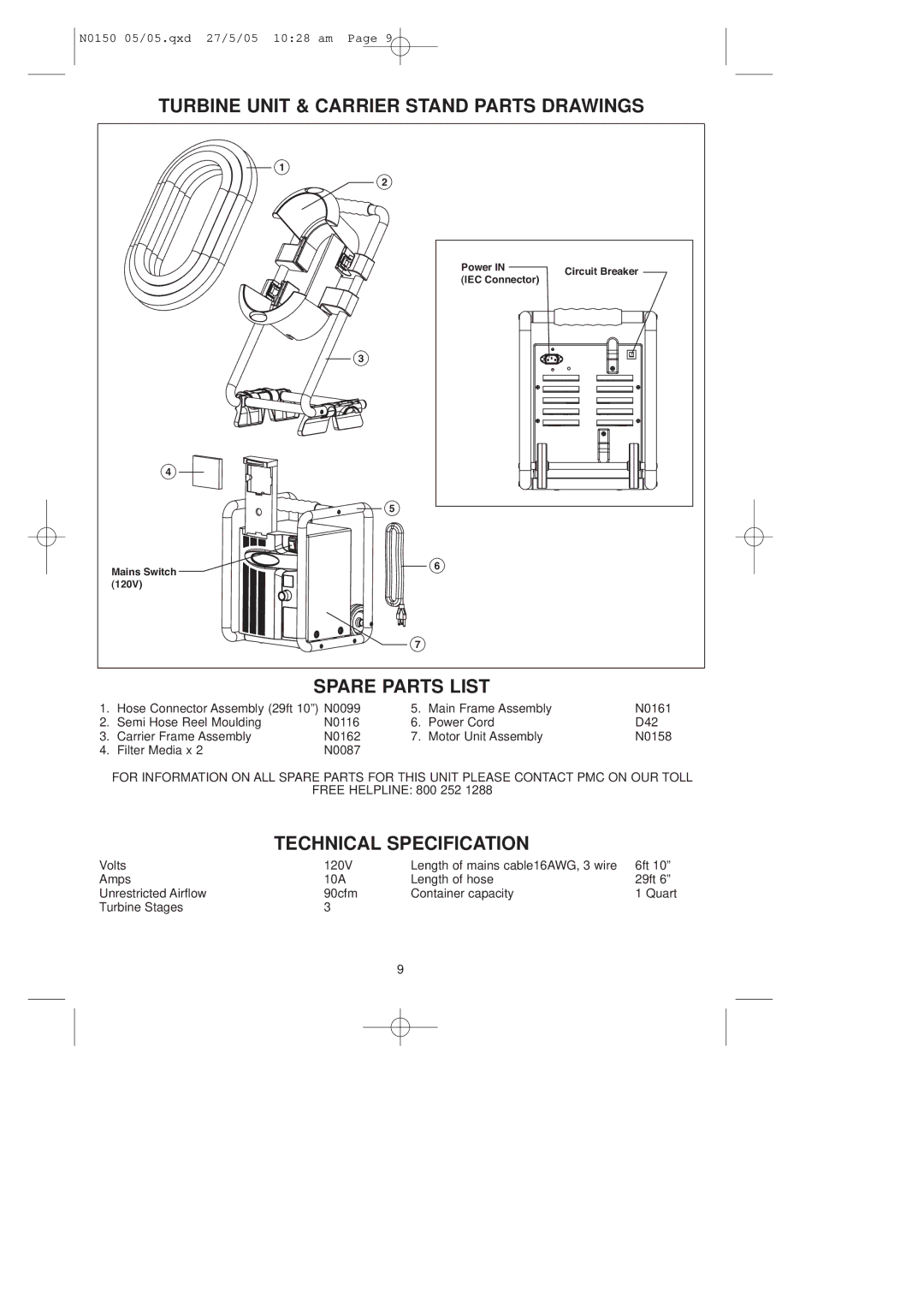 Earlex HV7000A, HV7000P Turbine Unit & Carrier Stand Parts Drawings, Spare Parts List, Technical Specification 