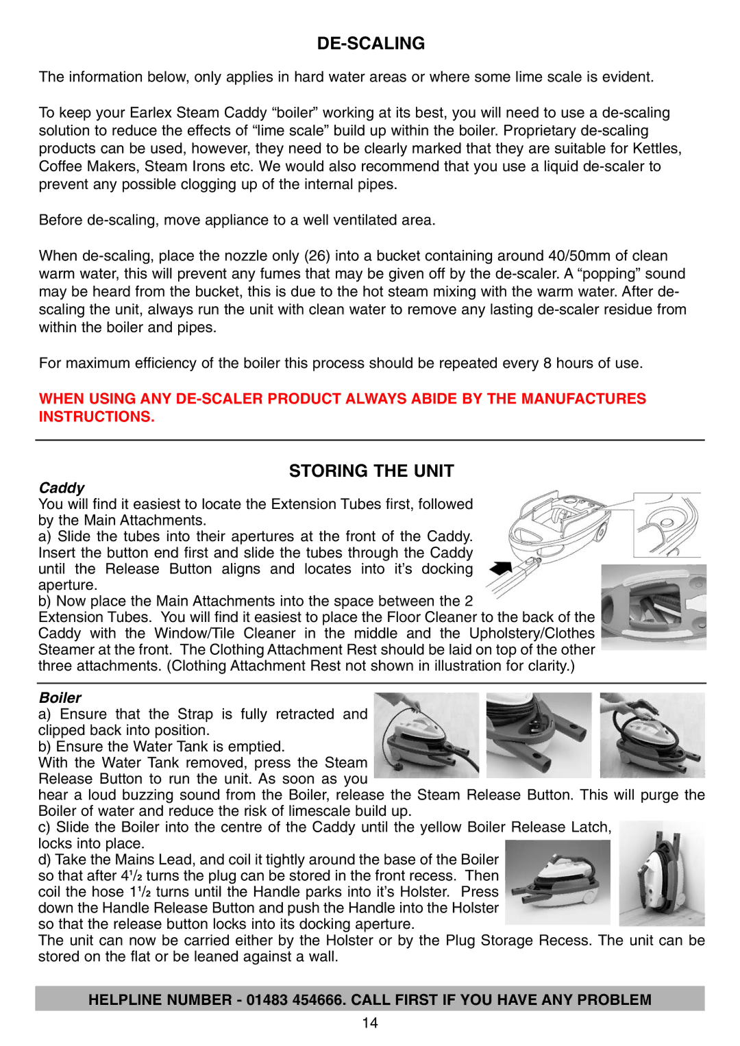 Earlex IS2000 manual De-Scaling, Storing the Unit, Caddy, Boiler 