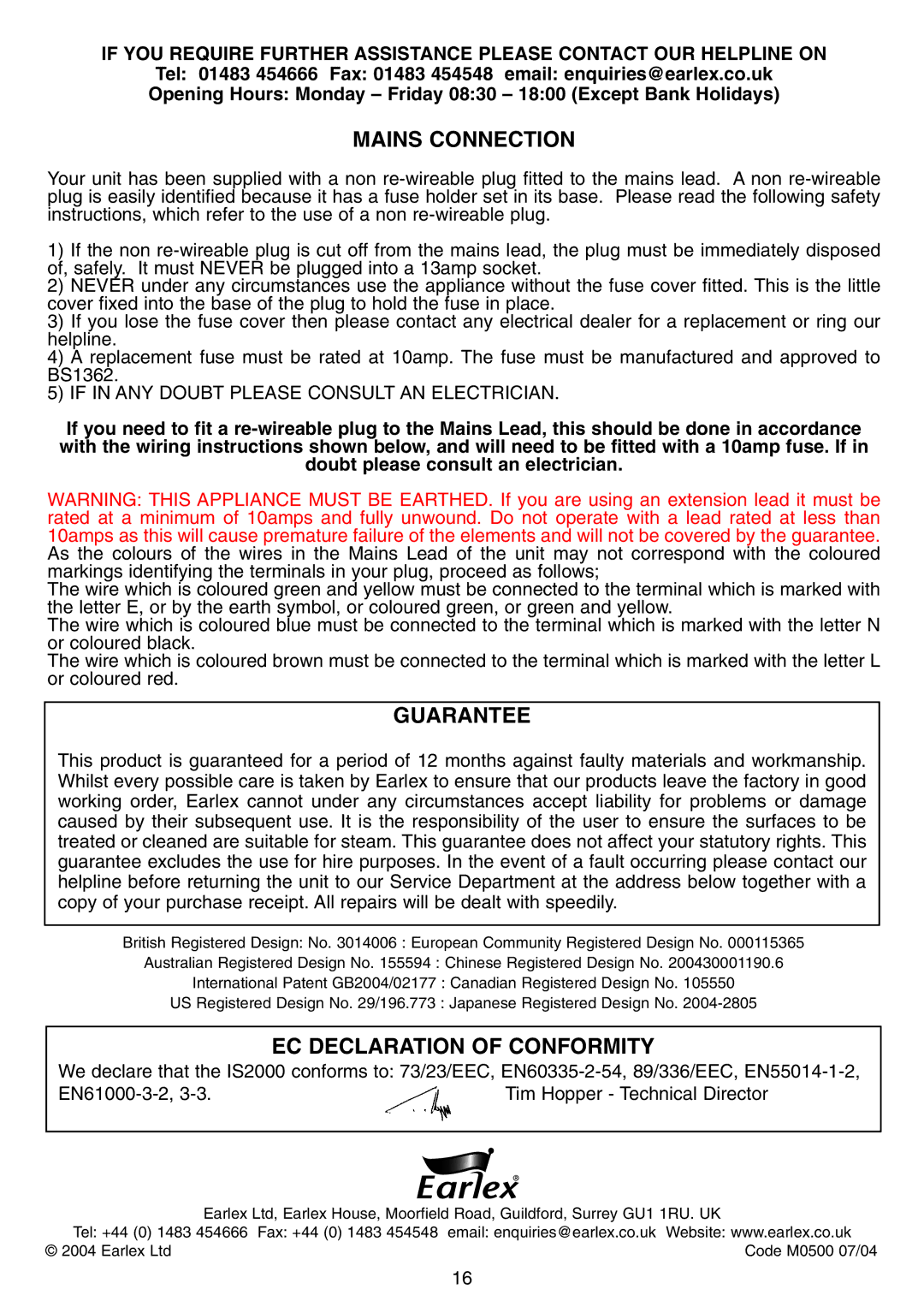 Earlex IS2000 manual Mains Connection, Guarantee, EC Declaration of Conformity 