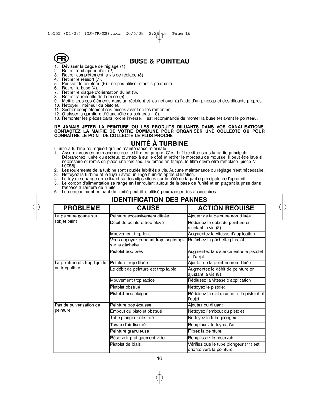 Earlex L0553 Buse & Pointeau, Unité À Turbine, Identification DES Pannes Problème Cause Action Requise 