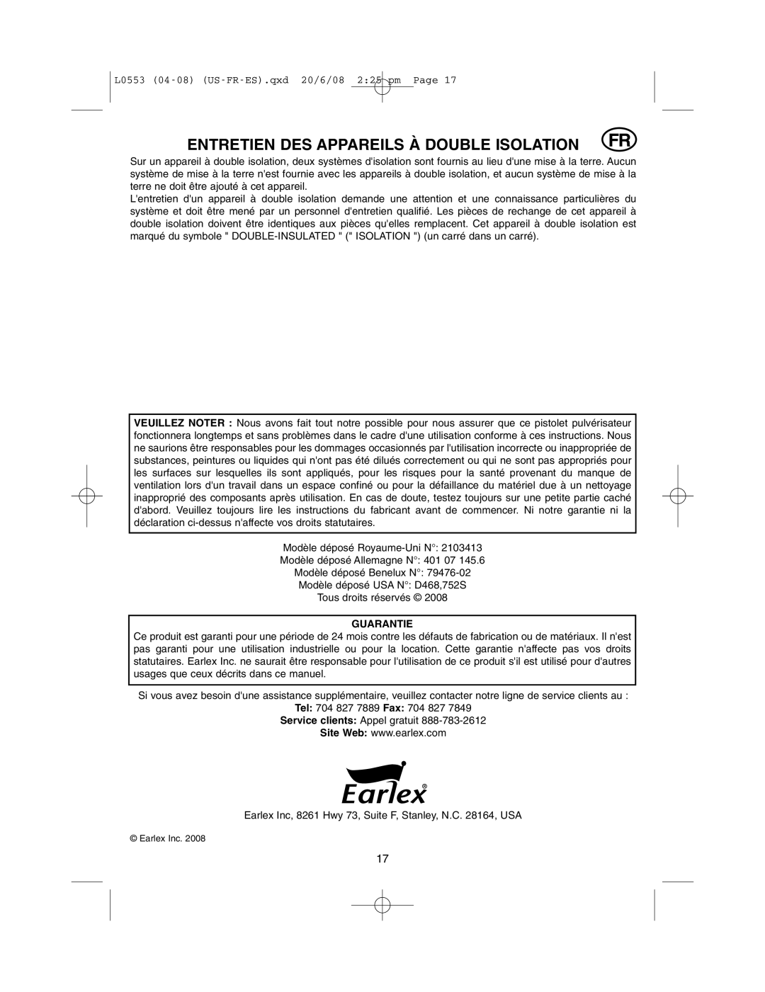 Earlex L0553 operating instructions Entretien DES Appareils À Double Isolation, Guarantie 