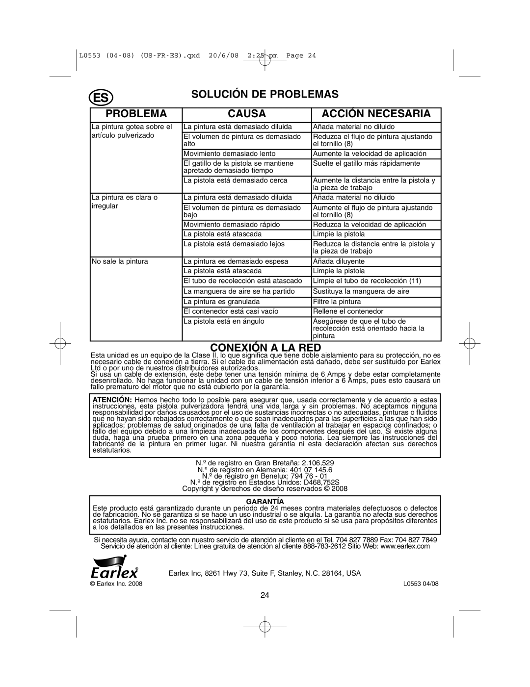 Earlex L0553 operating instructions Solución DE Problemas Causa Acción Necesaria, Conexión a LA RED, Garantía 