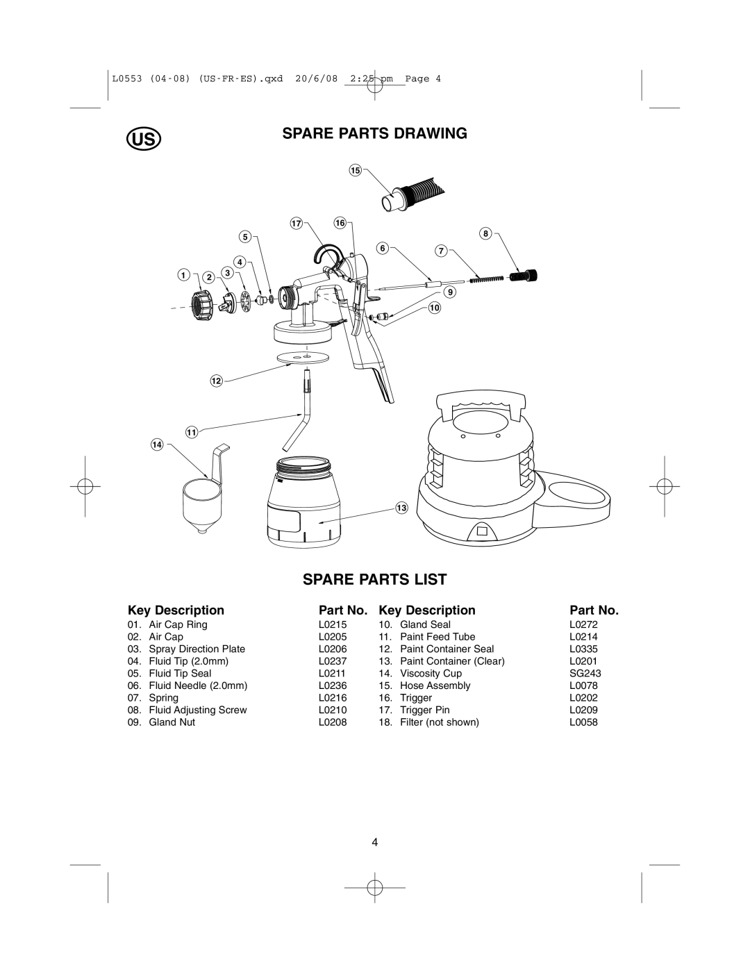 Earlex L0553 operating instructions Spare Parts Drawing Spare Parts List, Key Description 