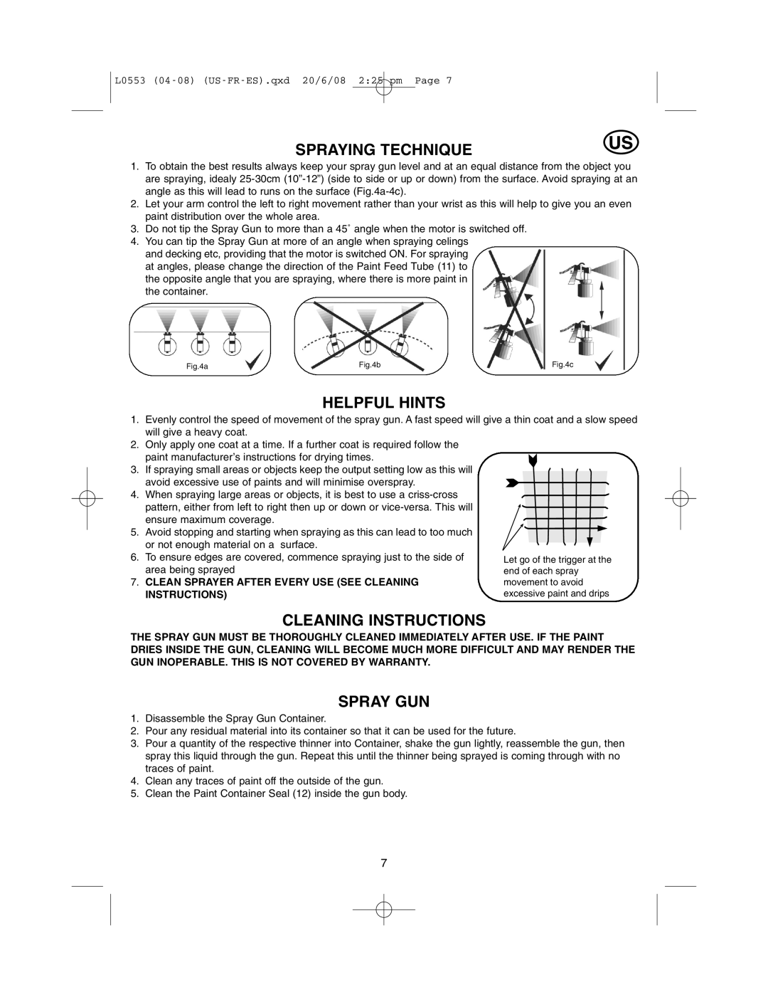 Earlex L0553 operating instructions Spraying Technique, Helpful Hints, Cleaning Instructions, Spray GUN 