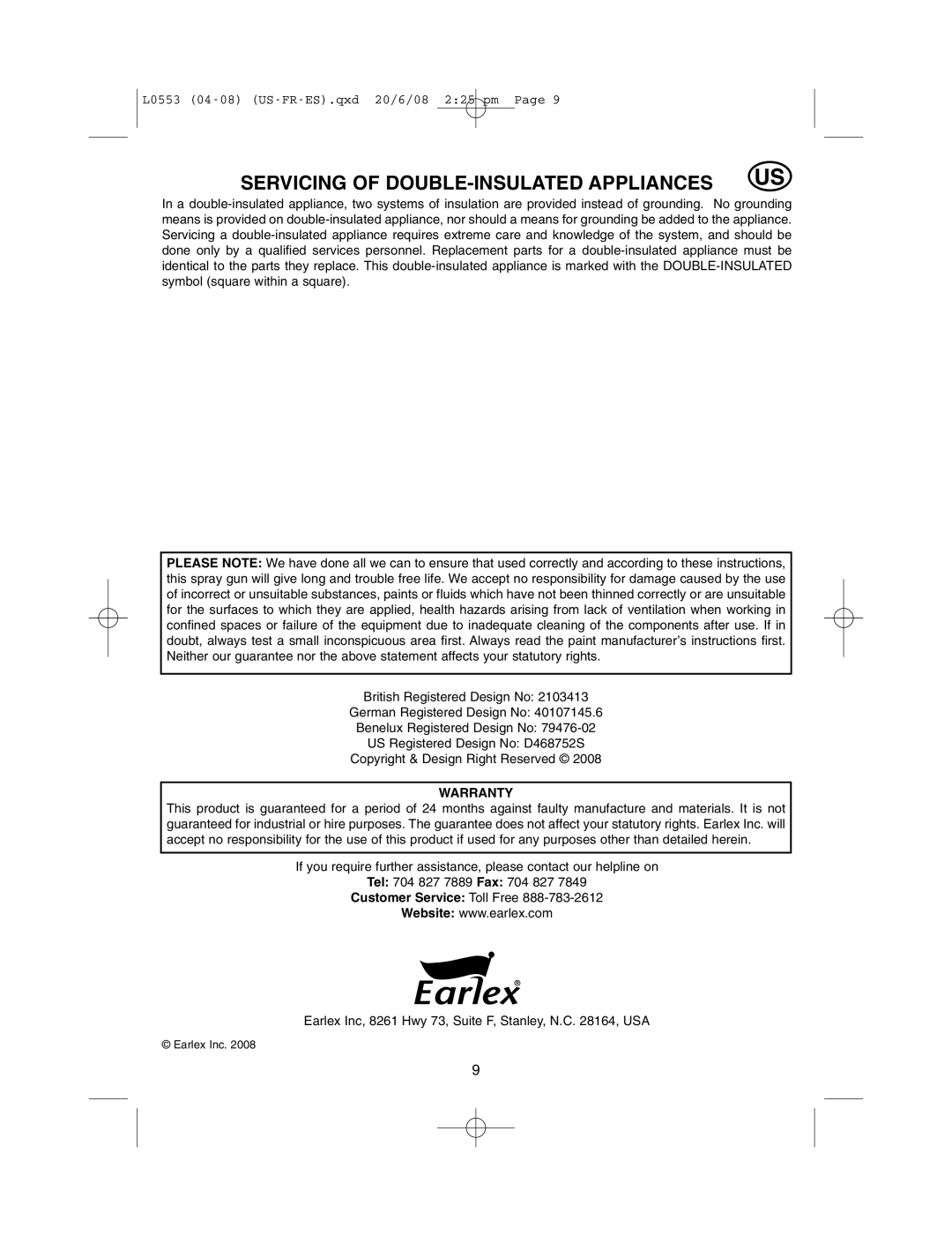 Earlex L0553 operating instructions Servicing of DOUBLE-INSULATED Appliances, Warranty 