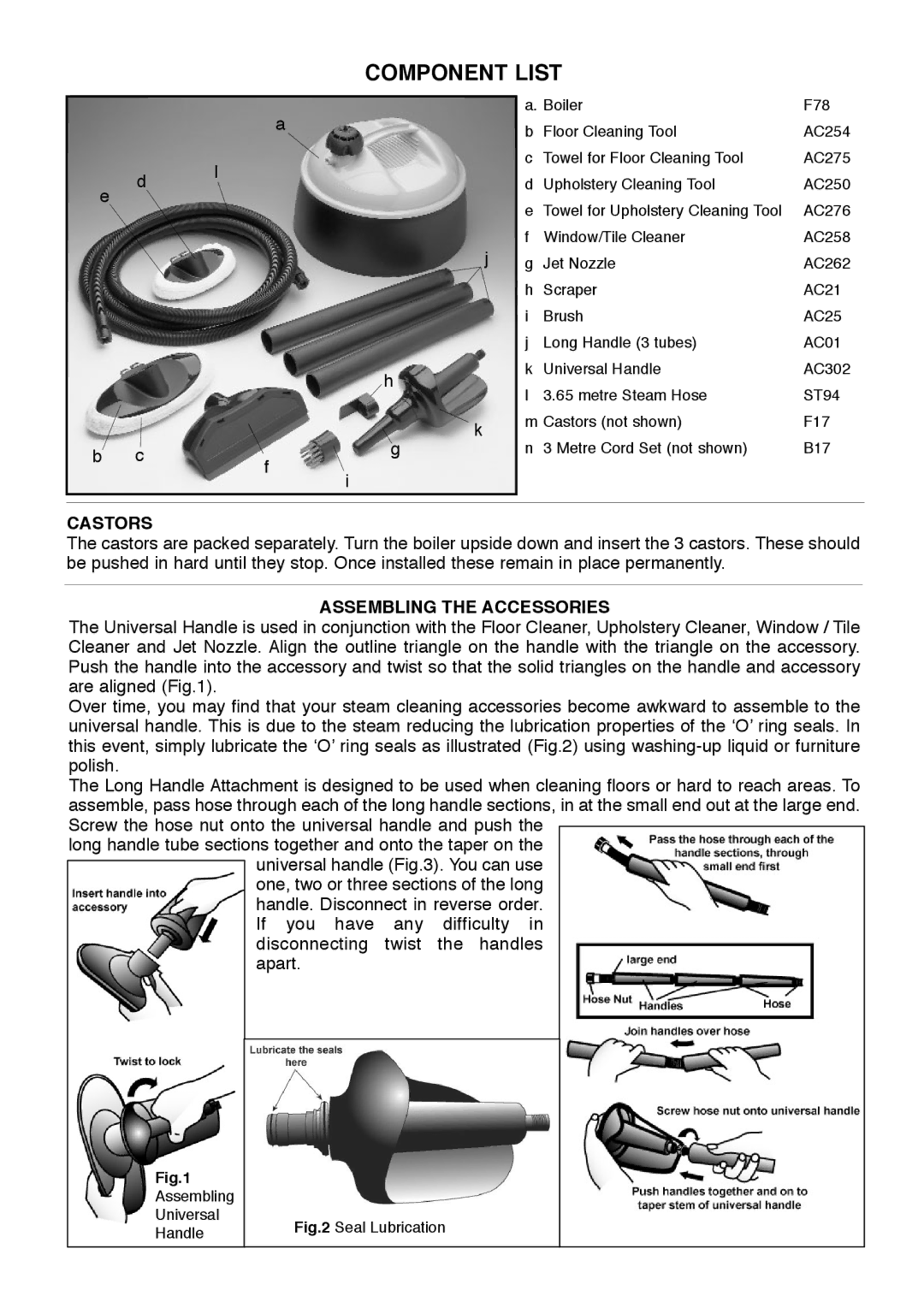 Earlex Pure Steam Cleaner manual Component List, Castors, Assembling the Accessories 