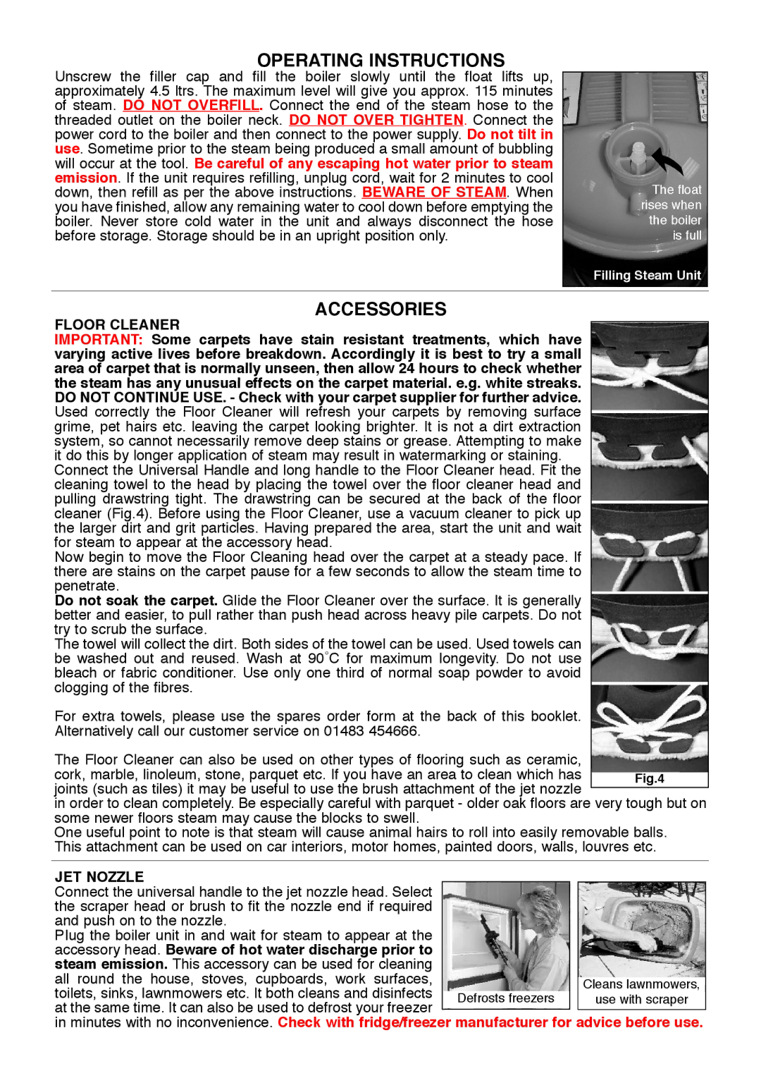 Earlex Pure Steam Cleaner manual Operating Instructions, Accessories, Floor Cleaner, JET Nozzle 