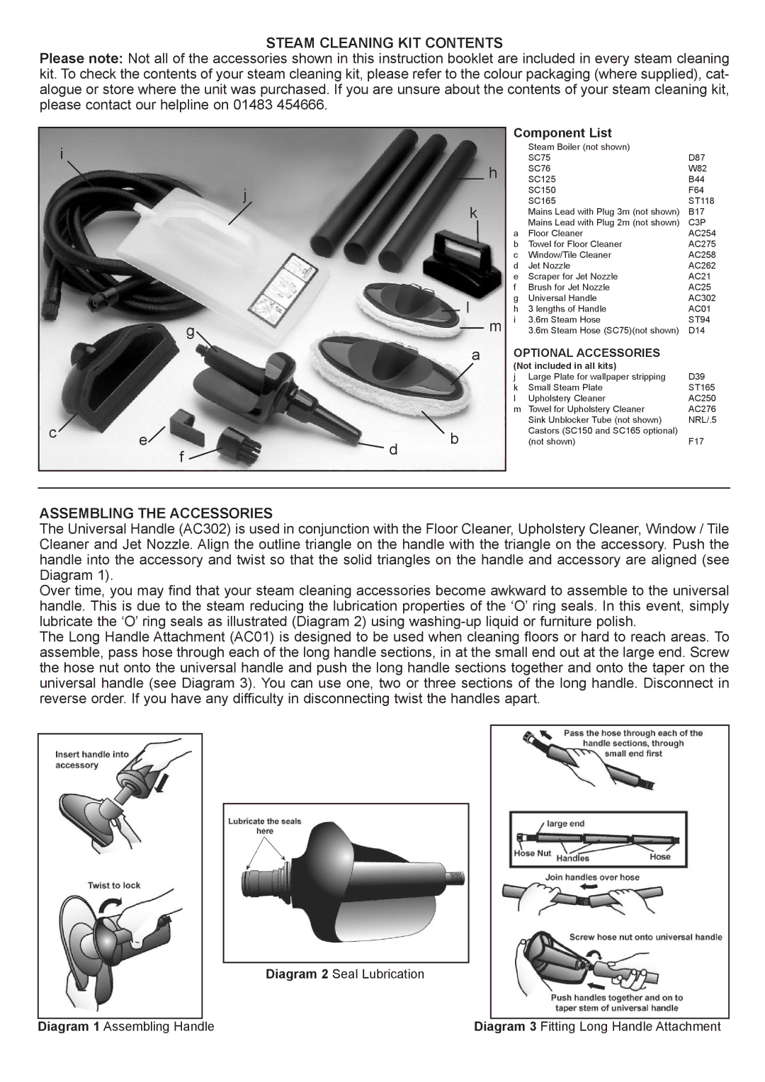 Earlex SC76, SC150, SC125, SC165, SC75 manual Steam Cleaning KIT Contents, Assembling the Accessories 