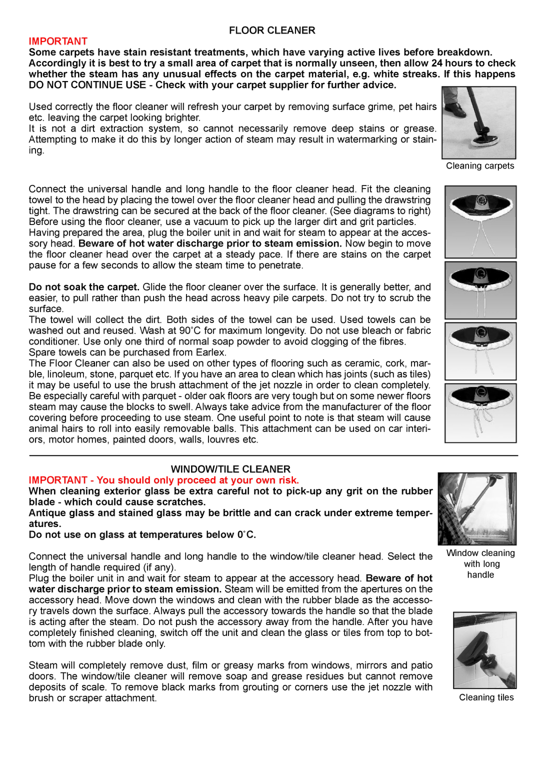 Earlex SC150, SC125, SC165, SC76, SC75 manual Floor Cleaner, WINDOW/TILE Cleaner 