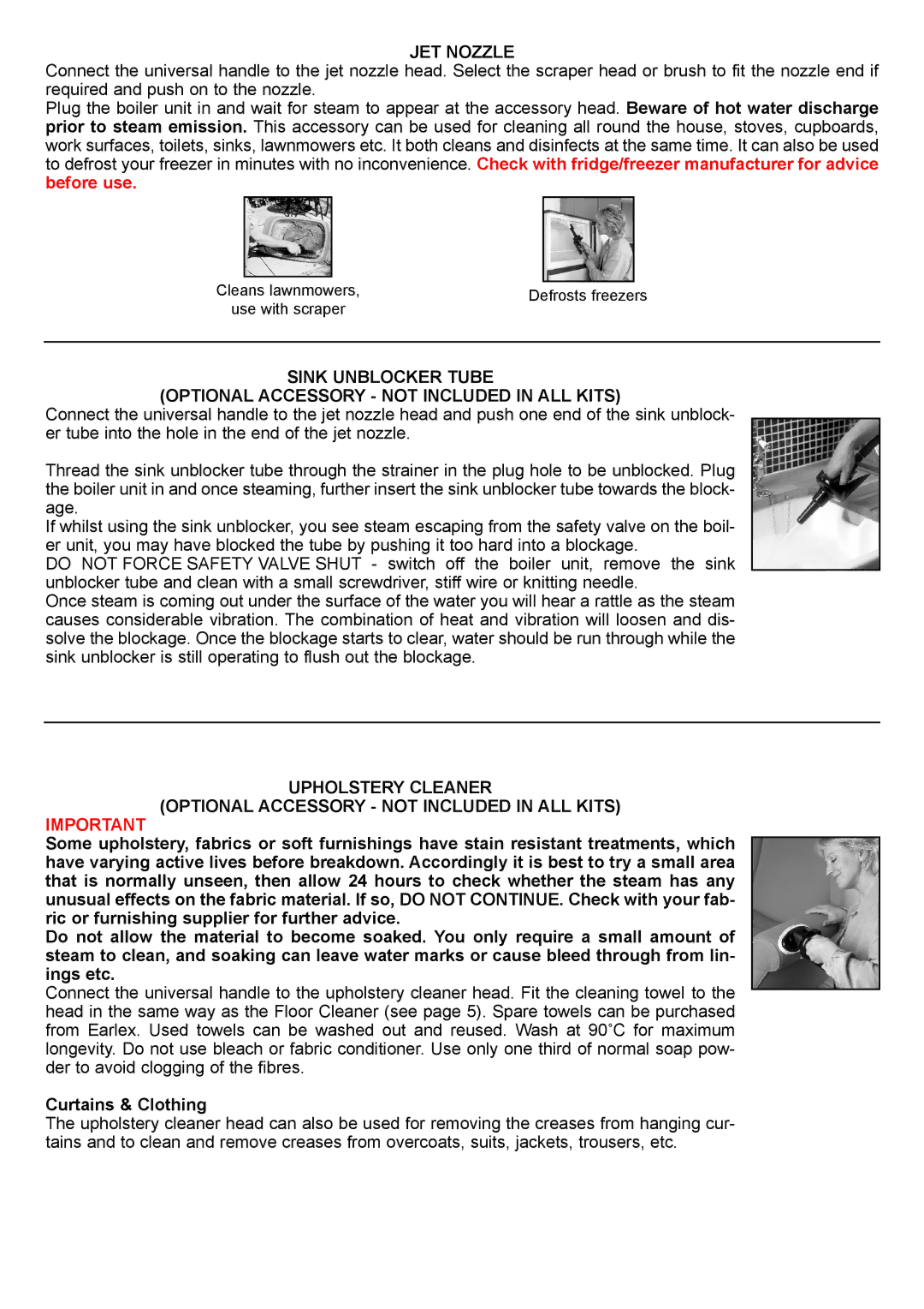 Earlex SC125, SC150, SC165, SC76, SC75 manual JET Nozzle, Curtains & Clothing 