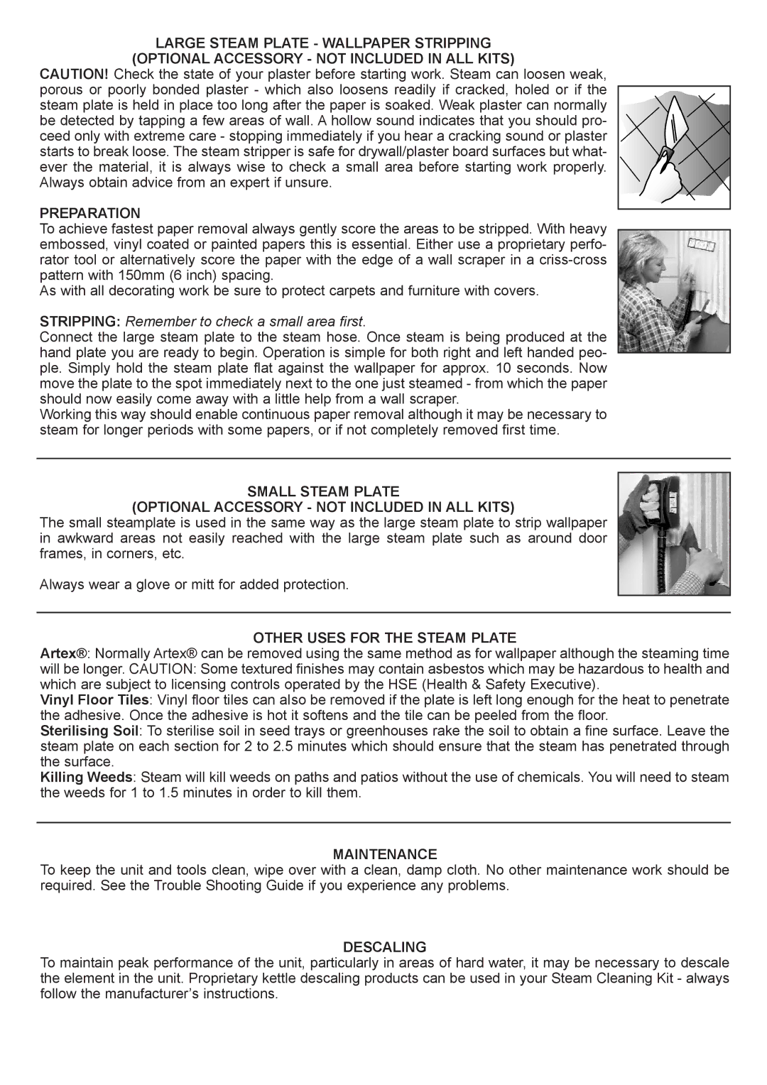 Earlex SC165, SC150, SC125, SC76, SC75 manual Other Uses for the Steam Plate, Maintenance, Descaling 