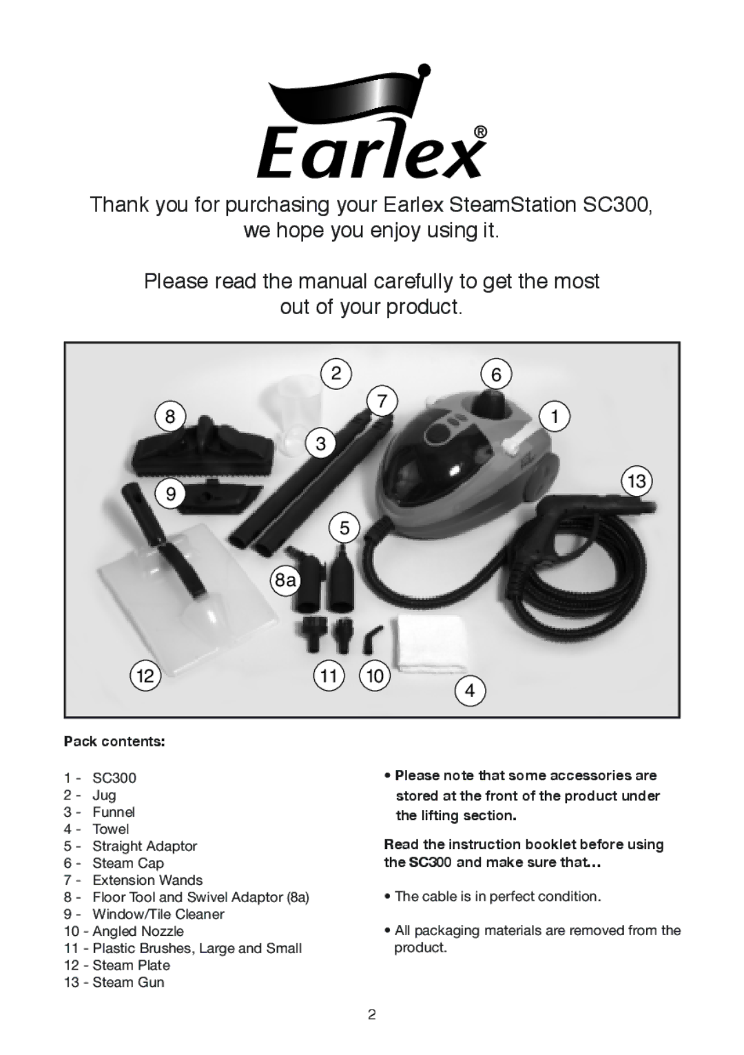 Earlex SC300 manual Pack contents 