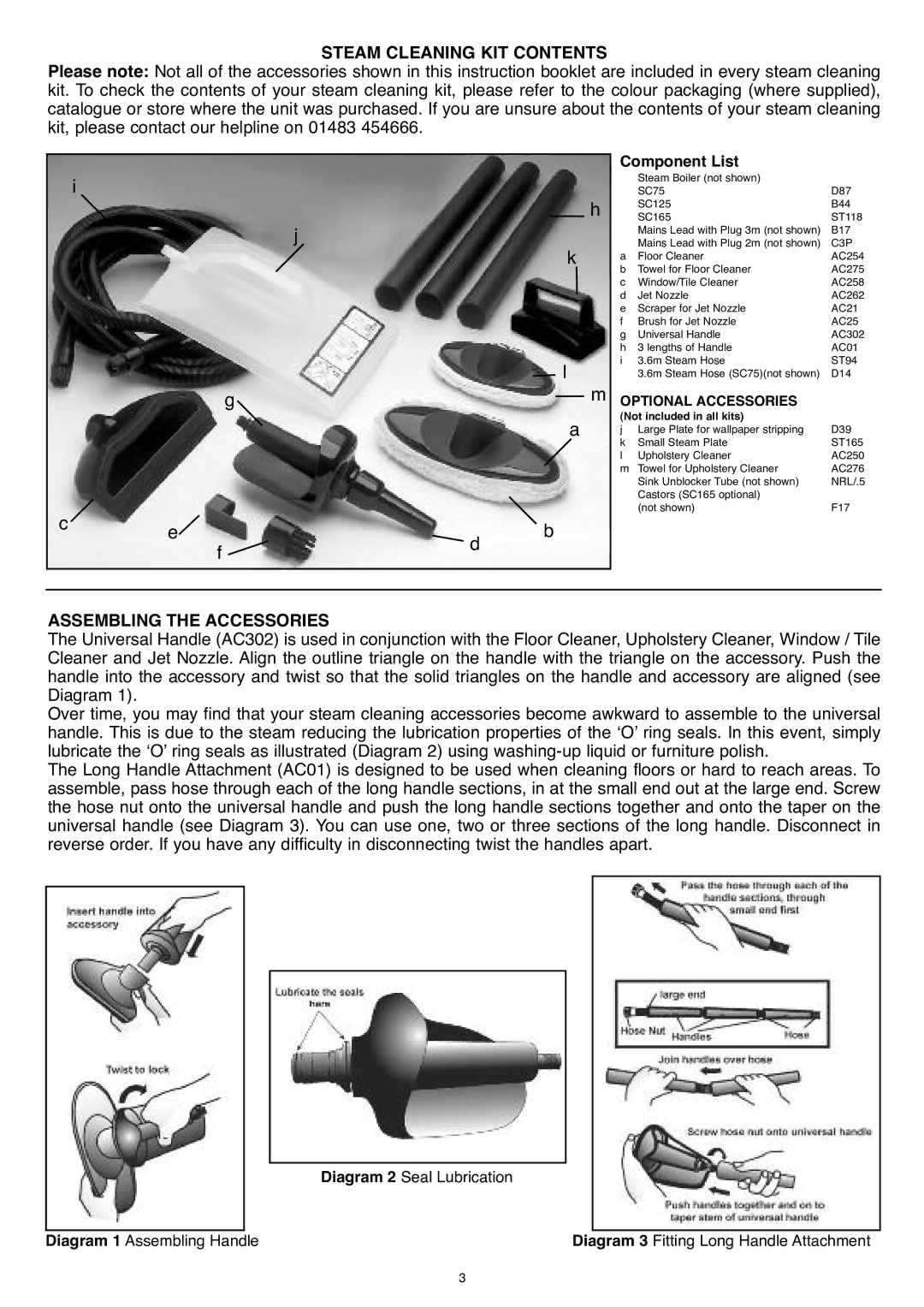 Earlex SC77 manual Steam cleanIng KIt contents, AssemblIng the accessorIes 