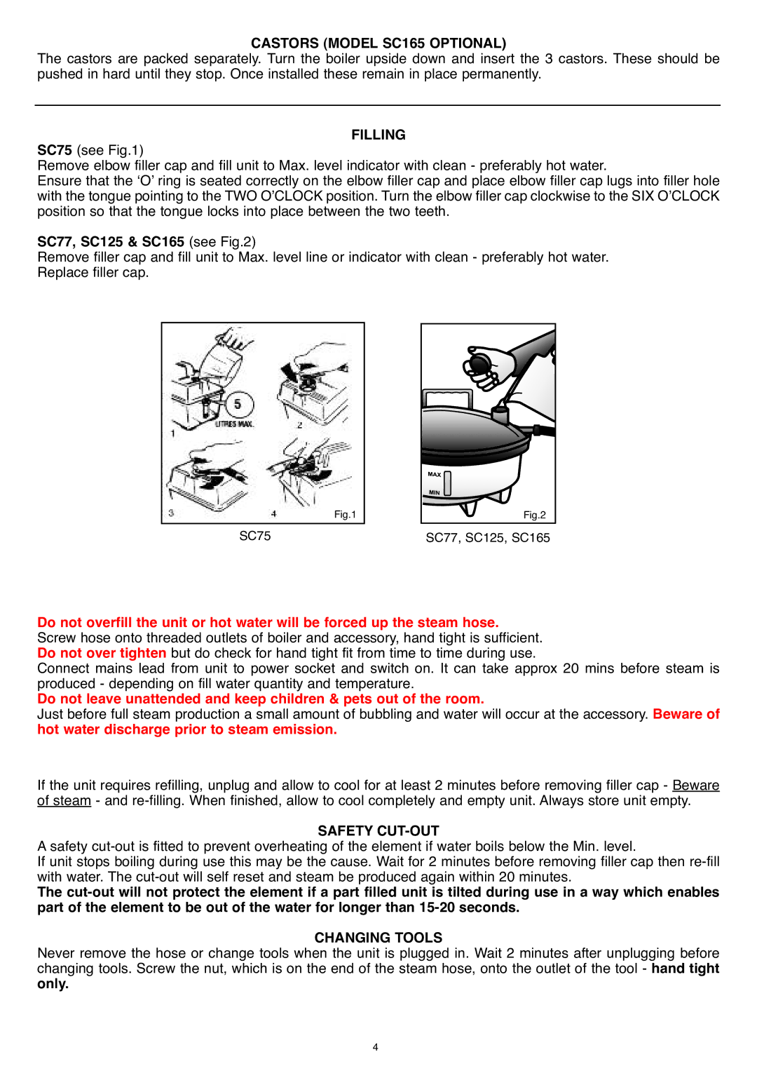 Earlex SC77 manual Castors model sc165 optIonal, FIllIng, Sc77, sc125 & sc165 see, Safety cut-out 