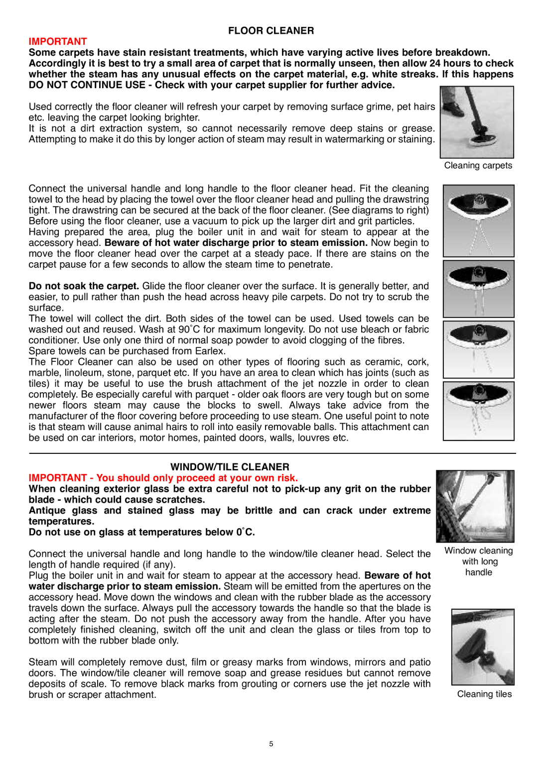 Earlex SC77 manual WIndow/tIle cleaner, Important you should only proceed at your own risk 