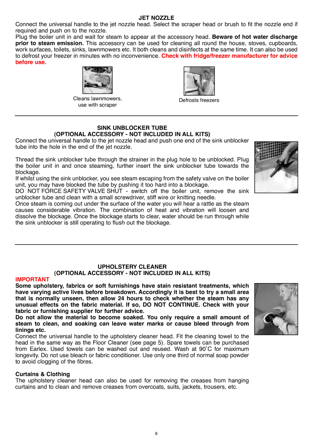 Earlex SC77 manual Jet noZZle, Curtains & clothing 