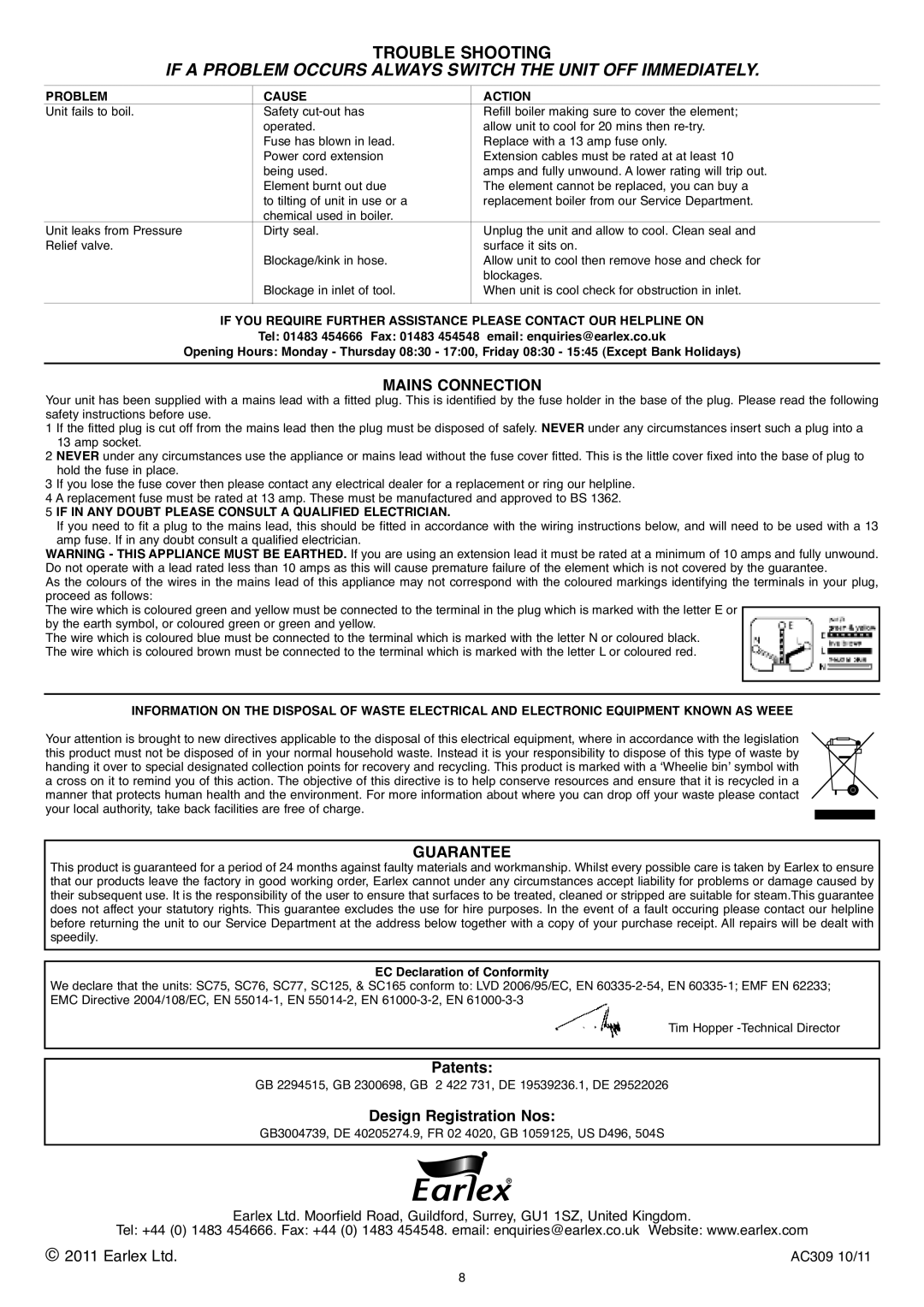 Earlex SC77 manual Trouble shootIng, MaIns connectIon, Guarantee, Patents, Design registration nos 