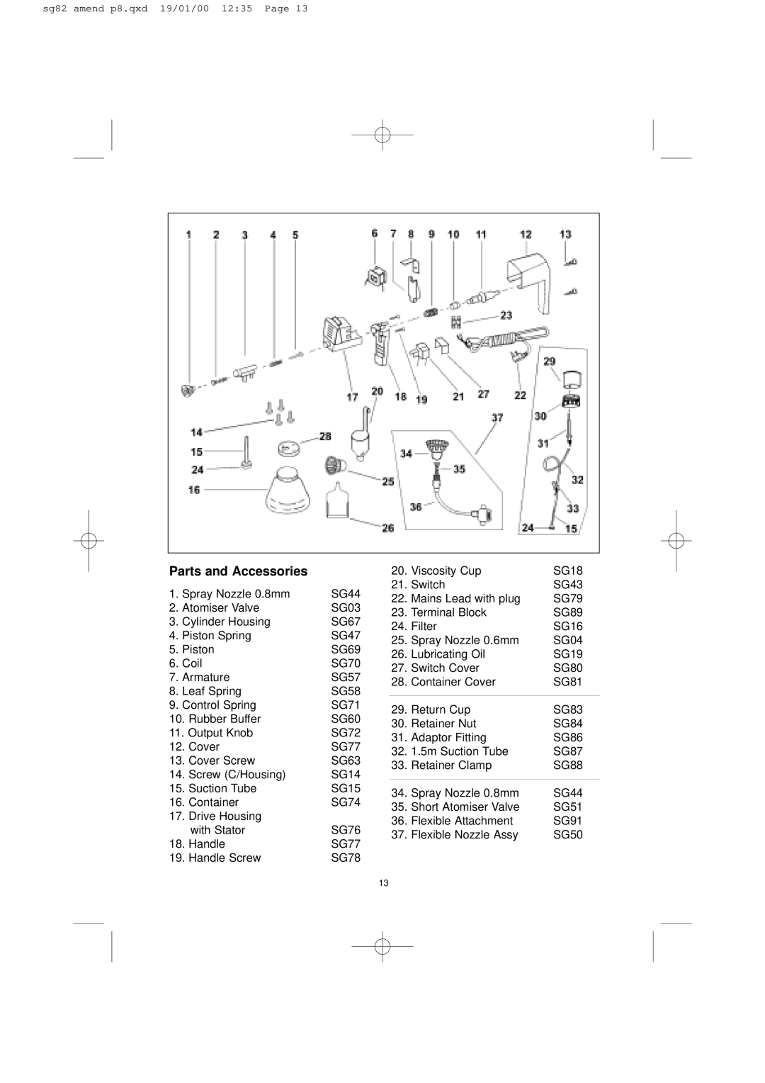 Earlex SG85 operating instructions Parts and Accessories 