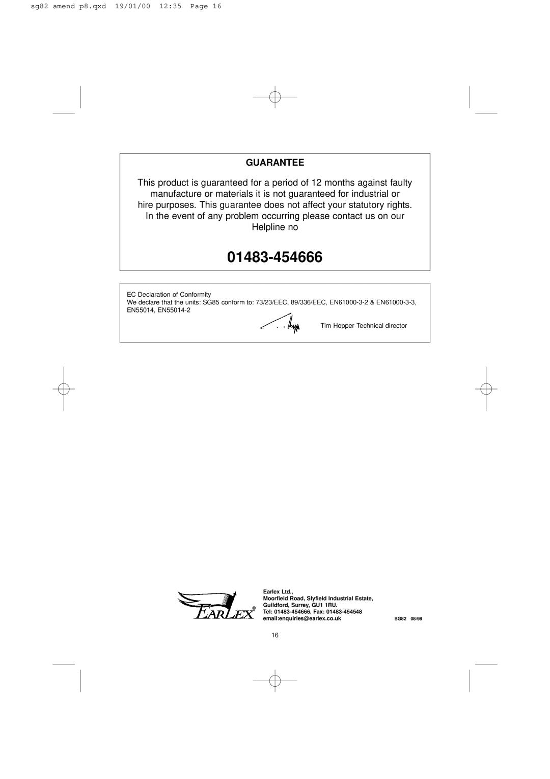 Earlex SG85 operating instructions 01483-454666, Guarantee 