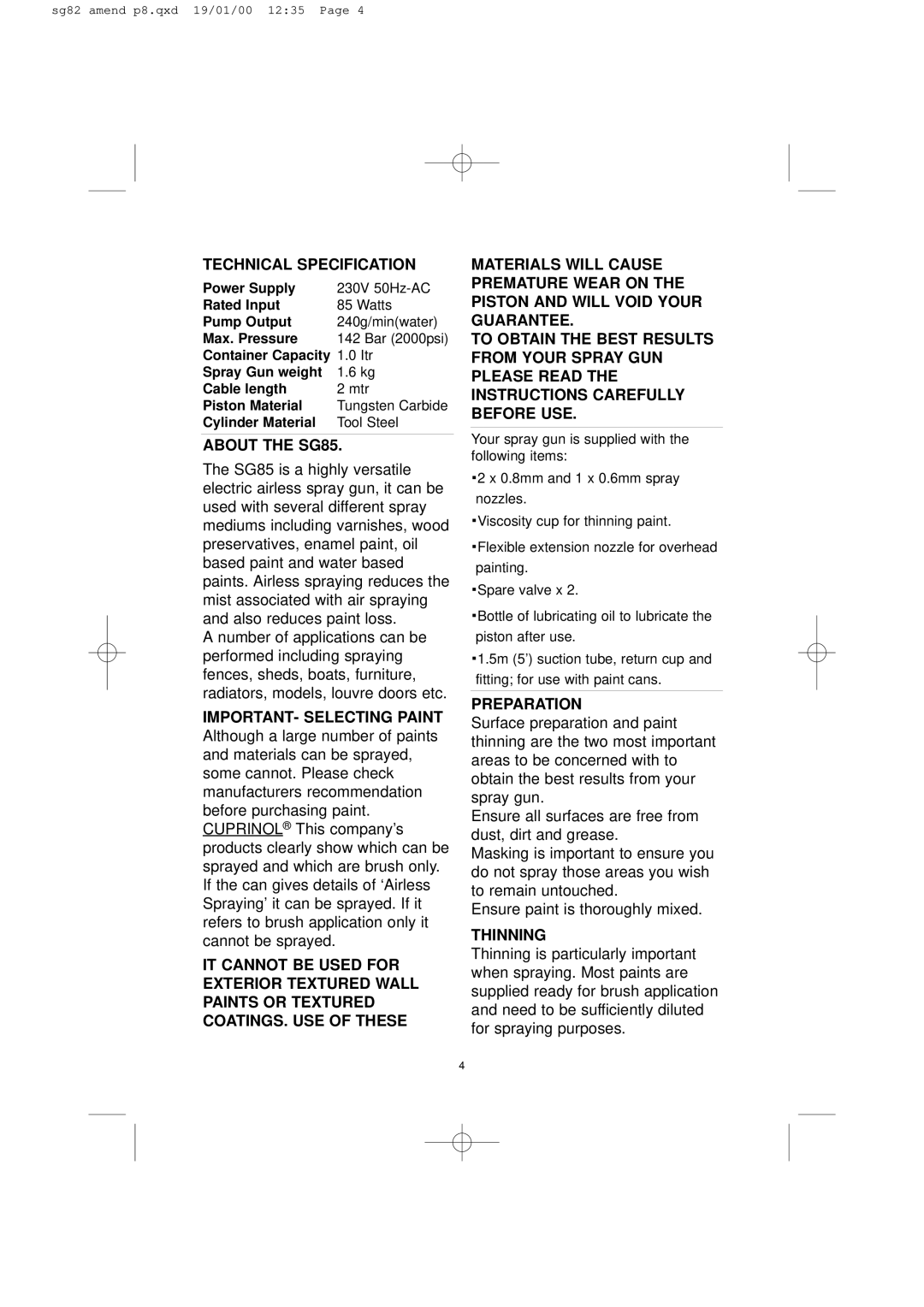 Earlex operating instructions Technical Specification, About the SG85, Preparation, Thinning 