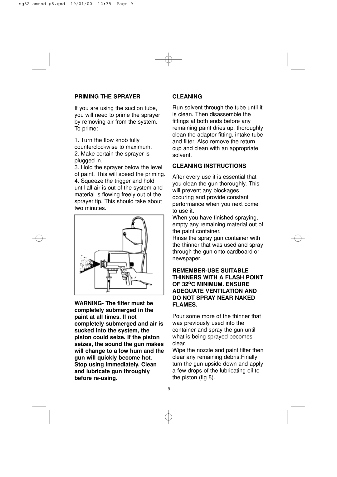 Earlex SG85 operating instructions Priming the Sprayer, Cleaning Instructions 