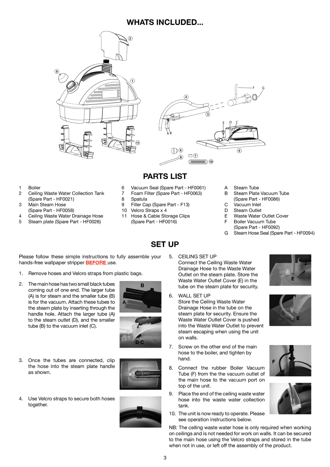 Earlex SS200 manual Whats Included Parts List, Set Up 