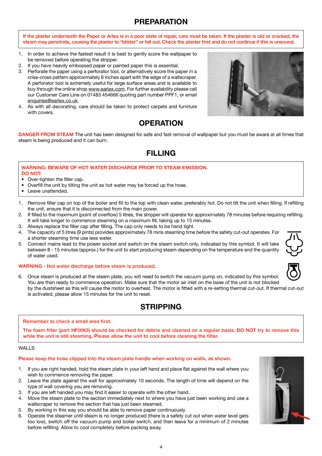 Earlex SS200 manual Preparation, Operation Filling, Stripping, Do not 