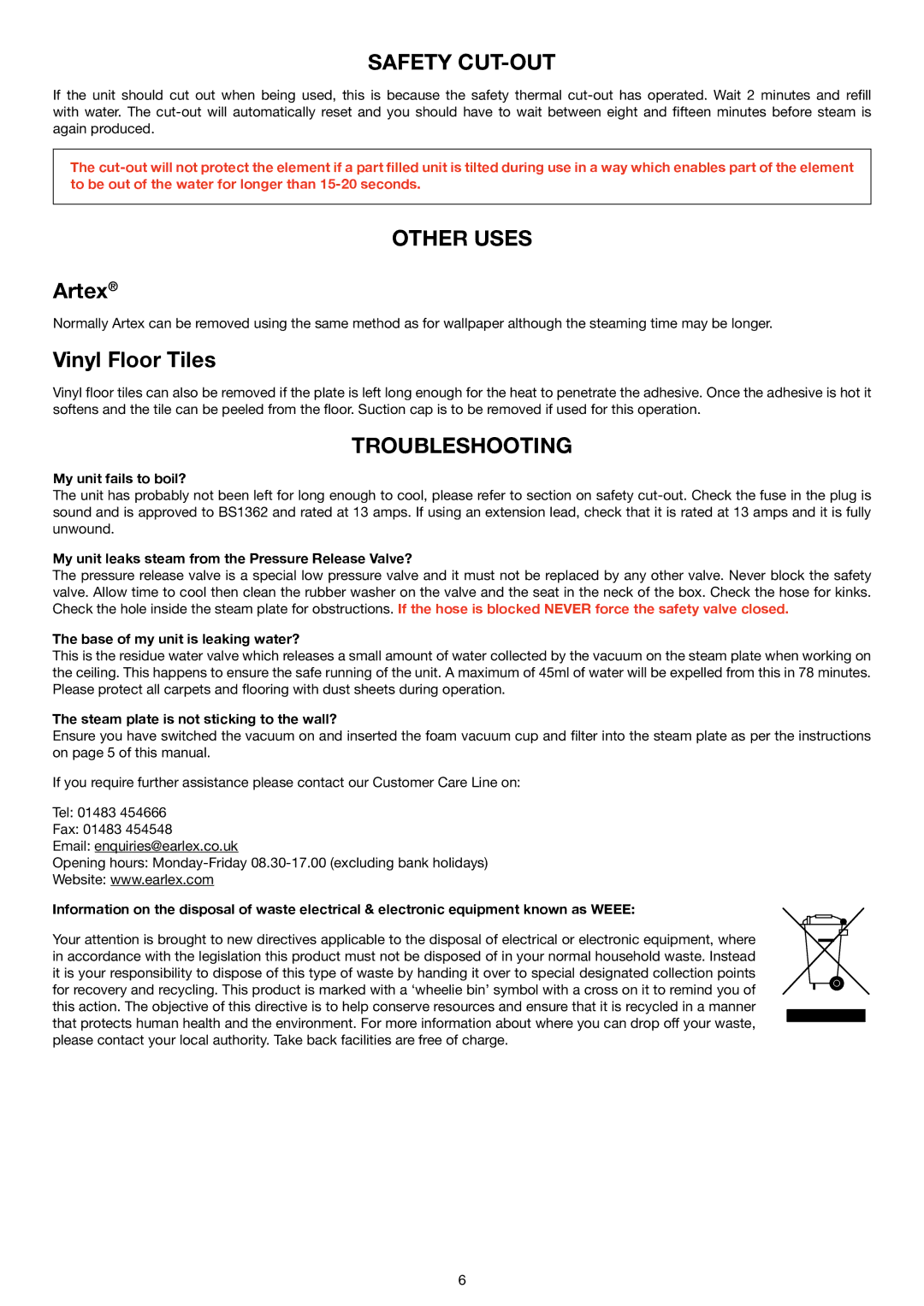 Earlex SS200 manual Safety CUT-OUT, Other Uses, Artex, Vinyl Floor Tiles, Troubleshooting 