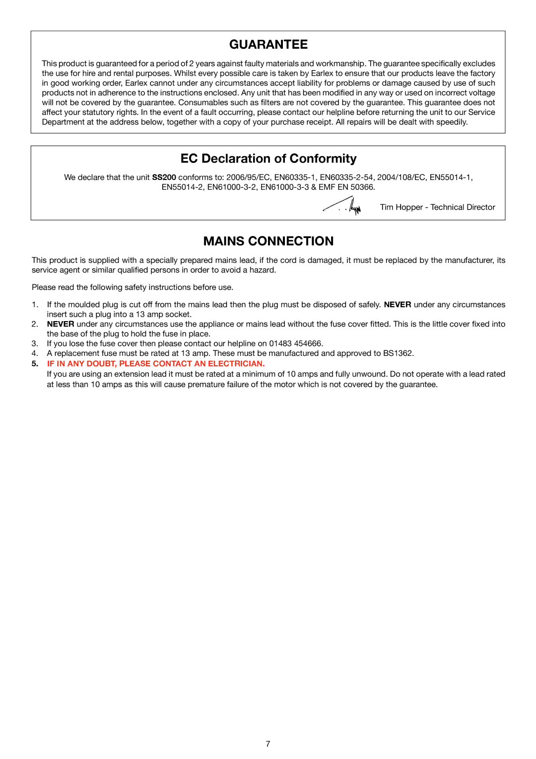 Earlex SS200 Guarantee, EC Declaration of Conformity, Mains Connection, If in ANY DOUBT, Please Contact AN Electrician 