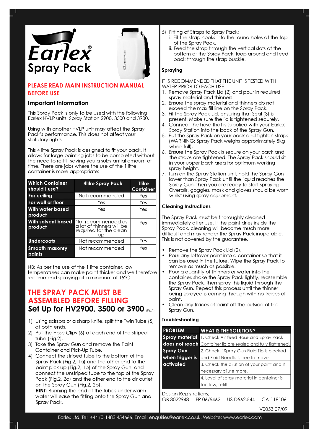 Earlex V0053 instruction manual Spray Pack Must be, Assembled Before Filling 