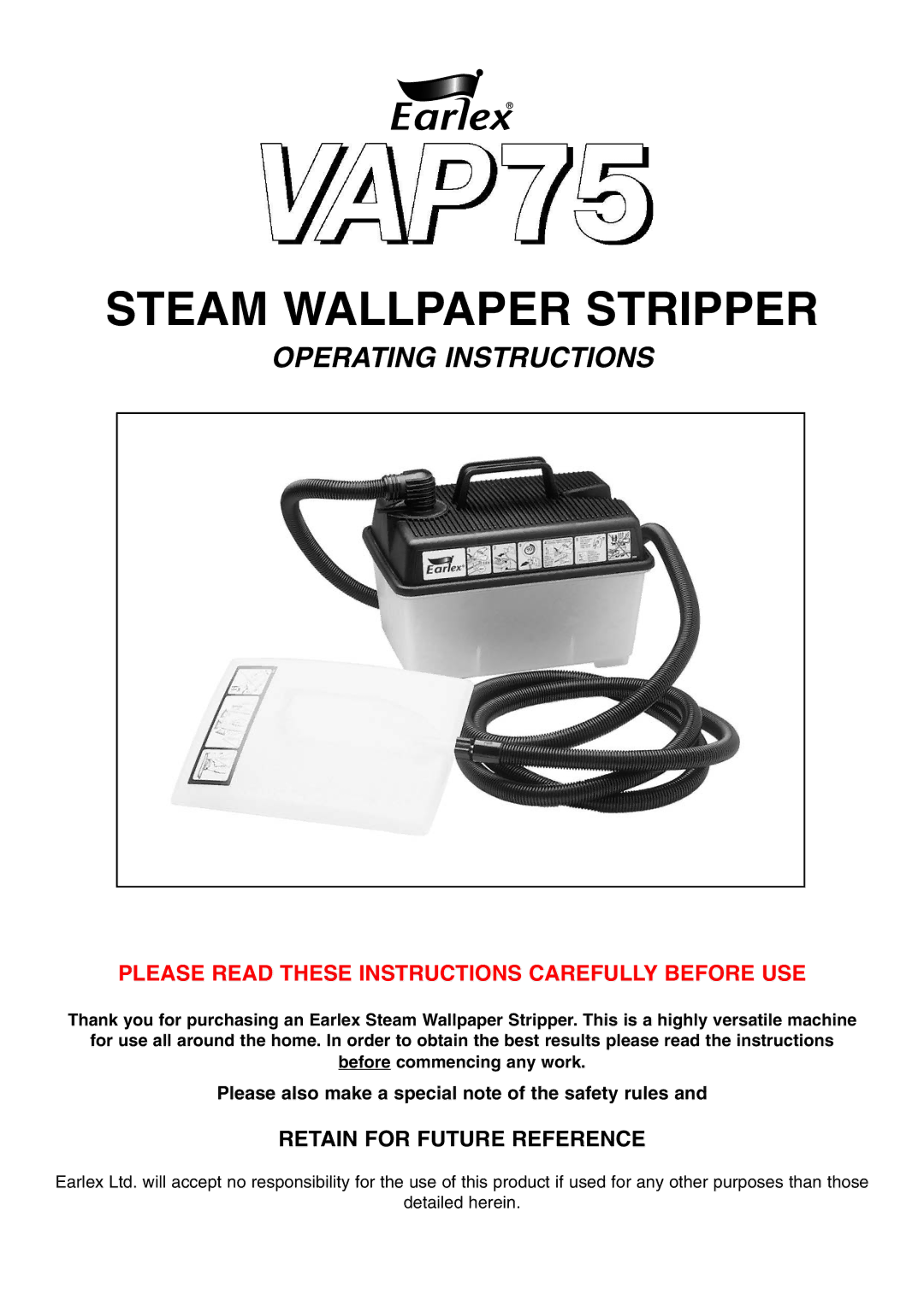 Earlex VAP75 manual Steam Wallpaper Stripper 