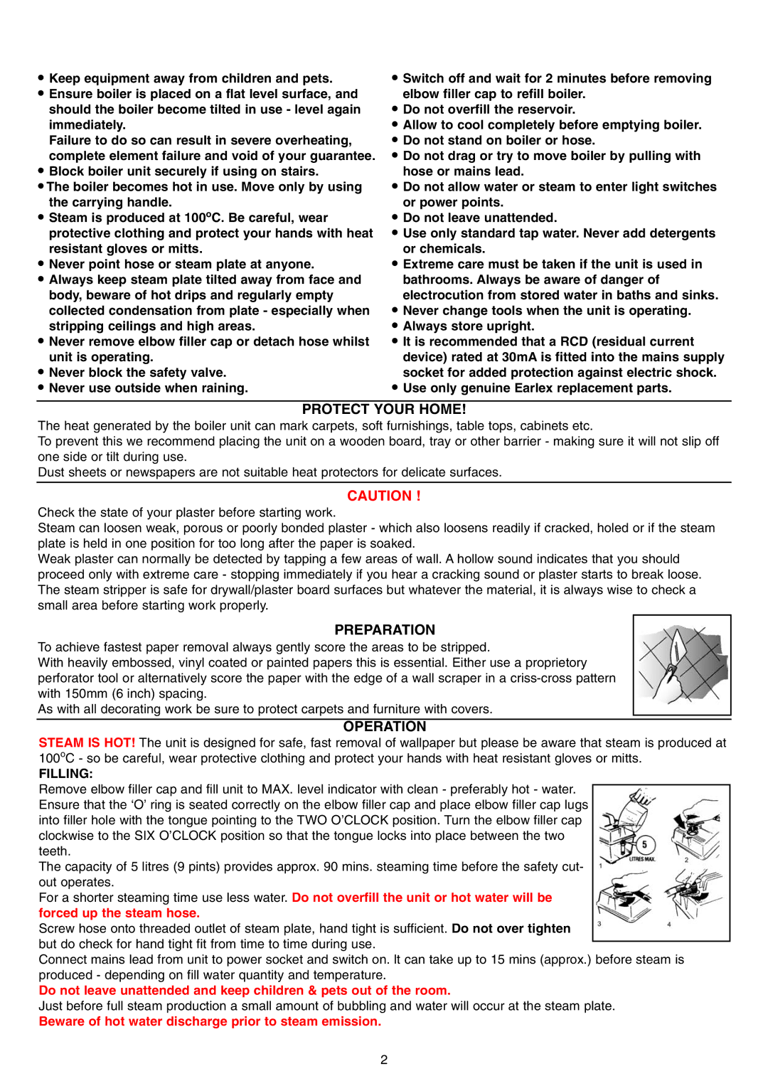 Earlex VAP75 manual Protect Your Home, Preparation, Operation, Filling 