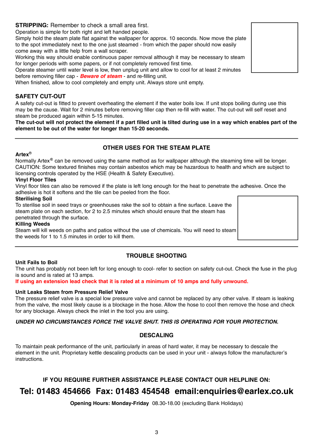 Earlex VAP75 manual Safety CUT-OUT, Other Uses for the Steam Plate, Trouble Shooting, Descaling 