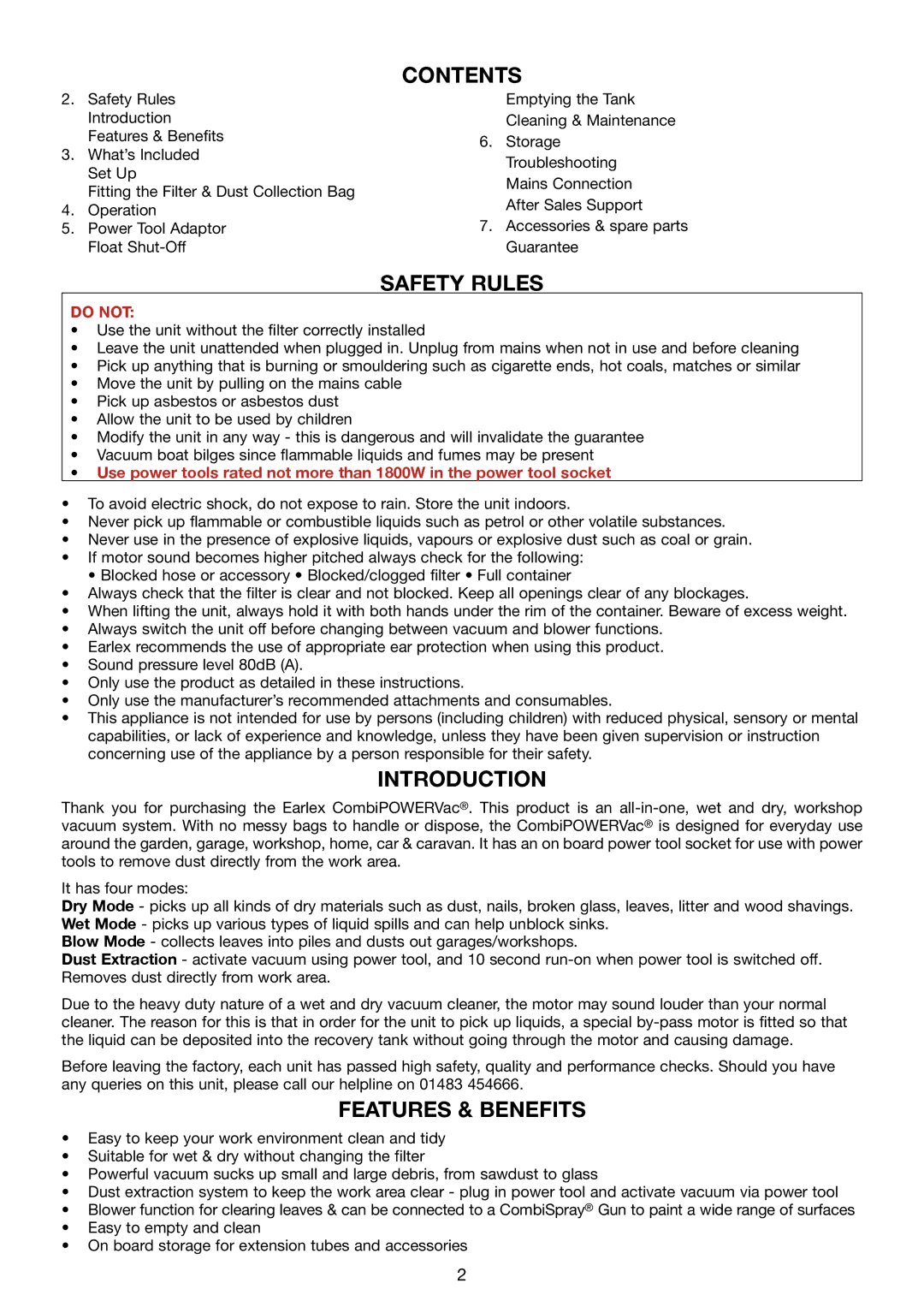 Earlex WD1200P manual Contents, Safety Rules, Introduction, Features & Benefits 