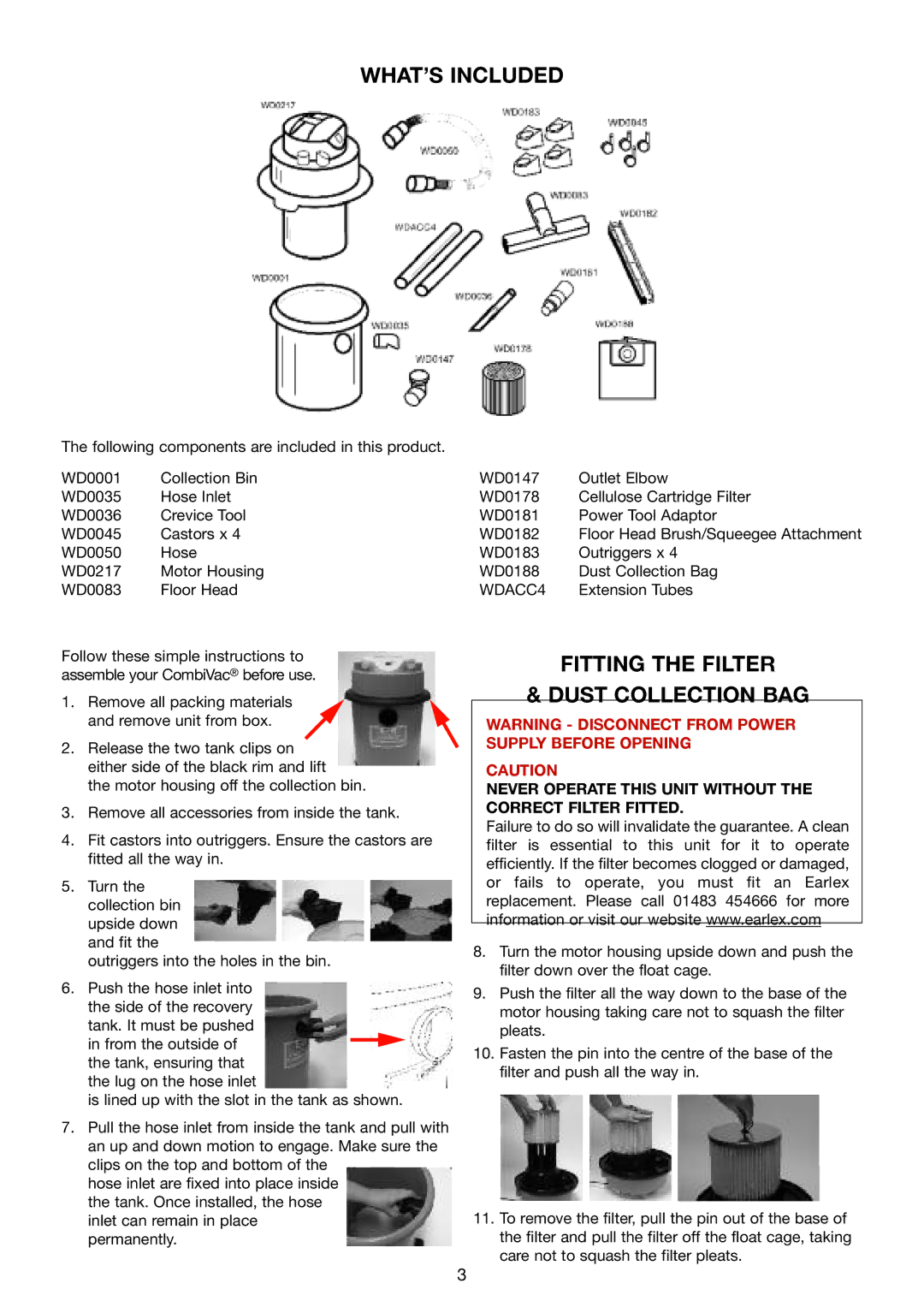 Earlex WD1200P manual WHAT’S Included, FITTINg the Filter Dust Collection BAg, WDACC4 