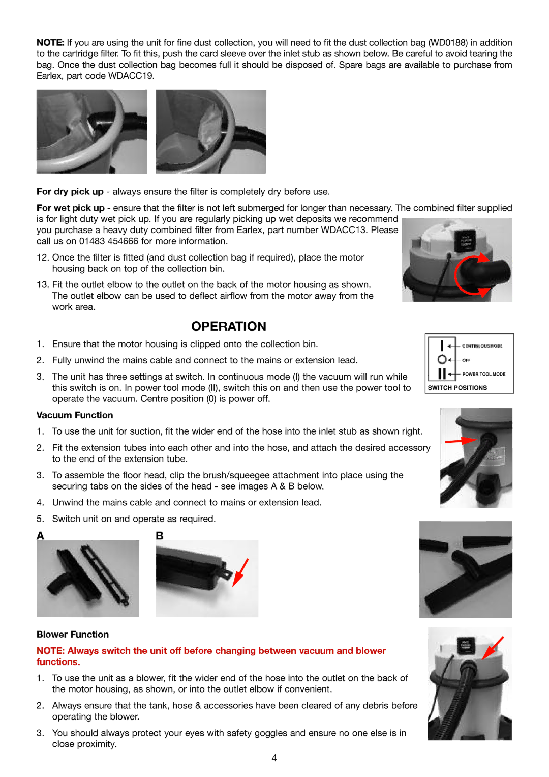 Earlex WD1200P manual Operation, Vacuum Function, Blower Function 