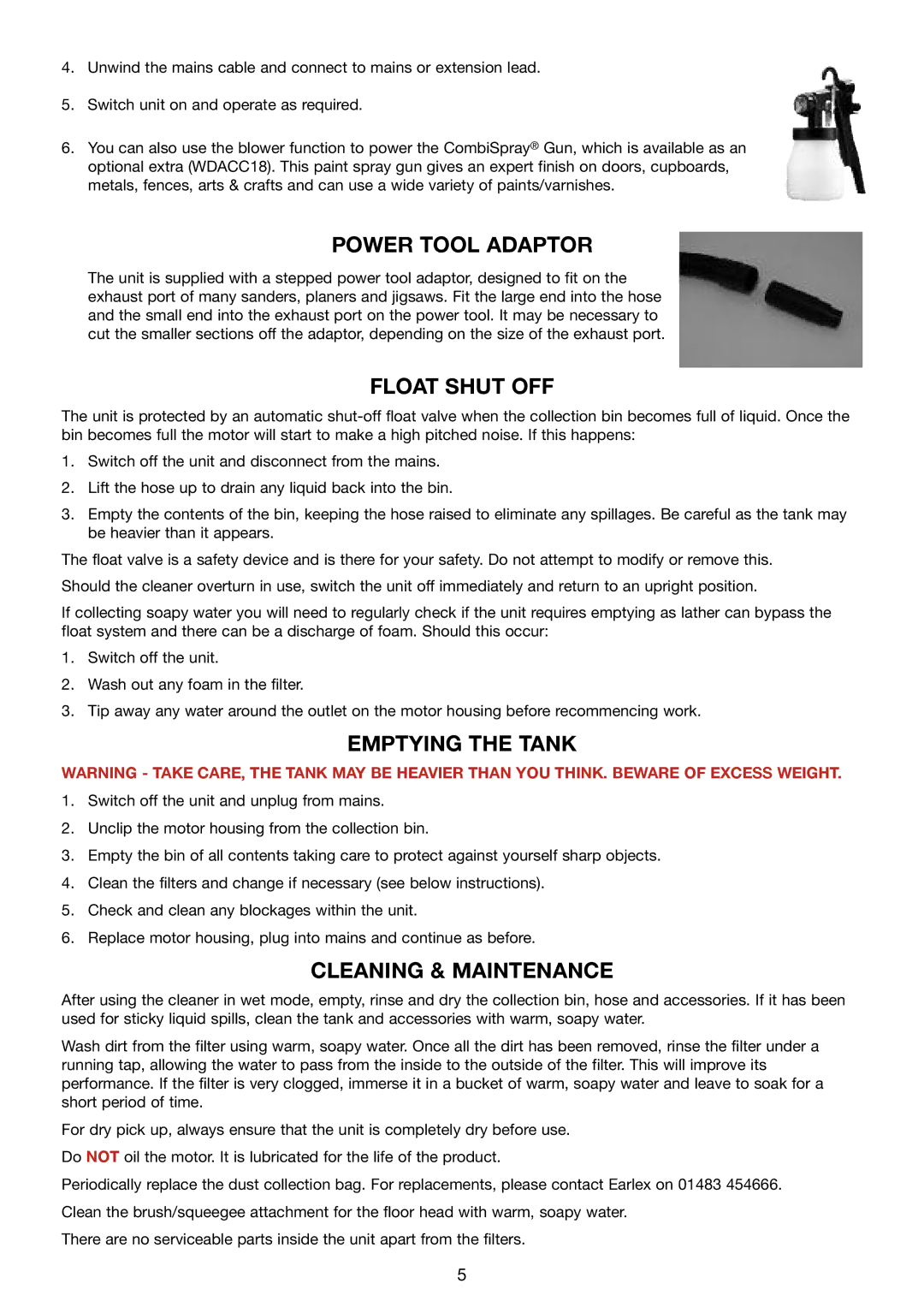 Earlex WD1200P manual Power Tool Adaptor, Float Shut OFF, EMPTYINg the Tank, CLEANINg & Maintenance 