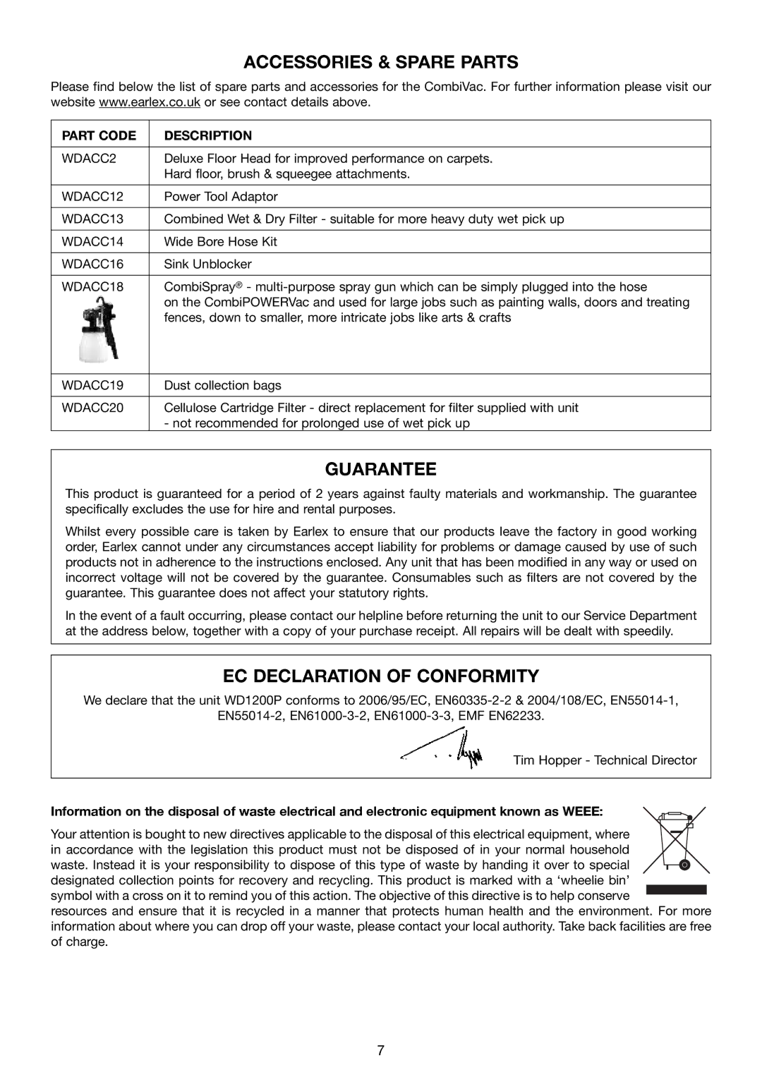 Earlex WD1200P manual Accessories & Spare Parts, Guarantee, EC Declaration of Conformity, Part Code Description 