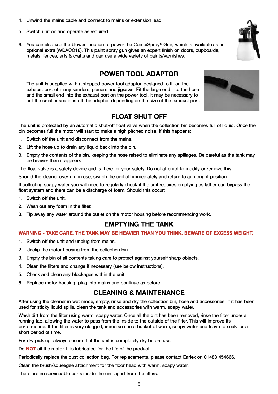 Earlex WD1200P manual Power Tool Adaptor, Float Shut Off, EMPTYINg THE TANK, CLEANINg & MAINTENANCE 