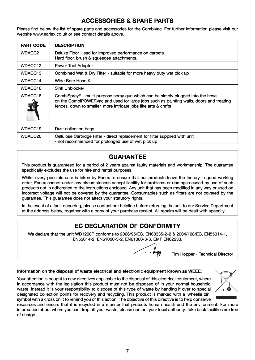 Earlex WD1200P manual Accessories & Spare Parts, gUARANTEE, Ec Declaration Of Conformity, Part Code, Description 