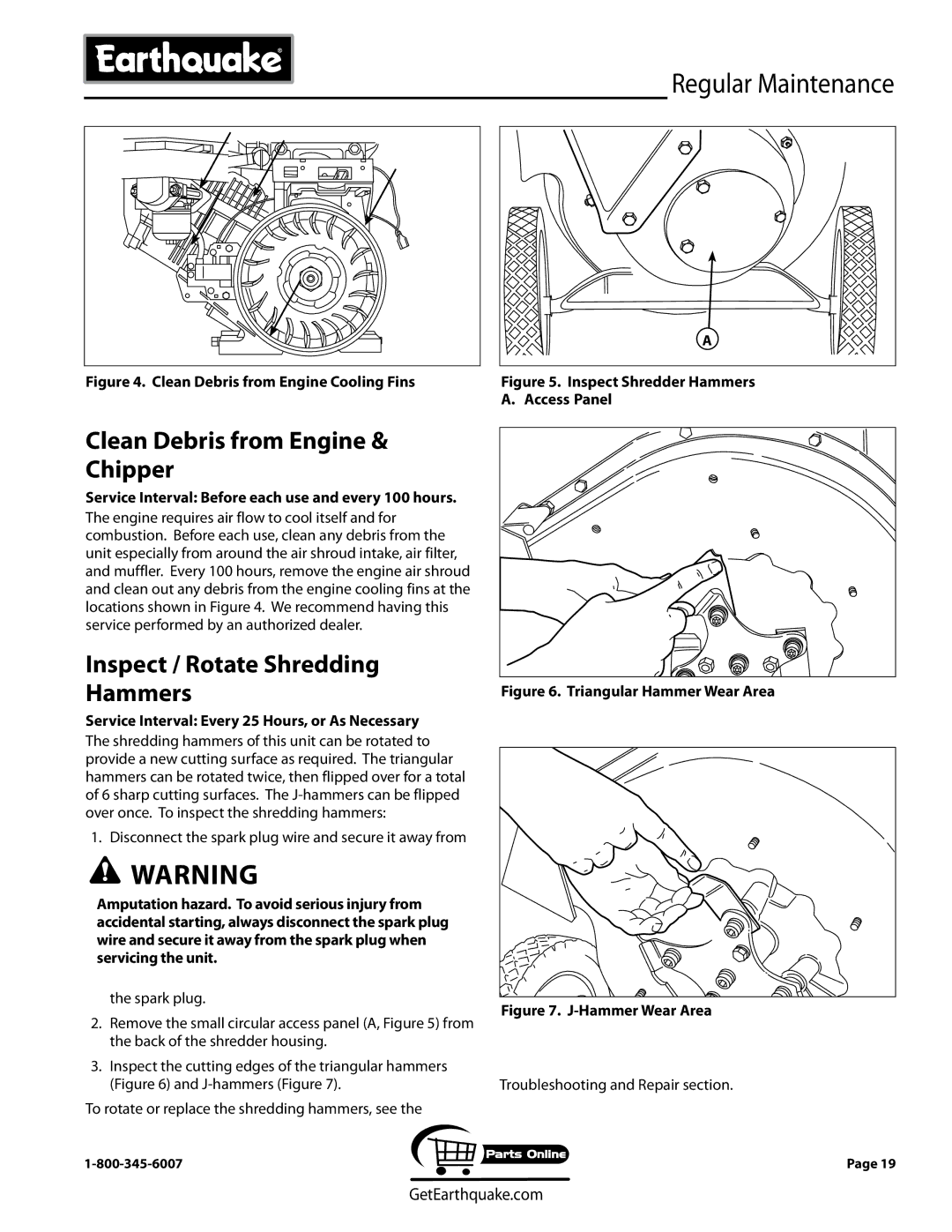 EarthQuake 9060140, 9050140 Regular Maintenance, Clean Debris from Engine & Chipper, Inspect / Rotate Shredding Hammers 